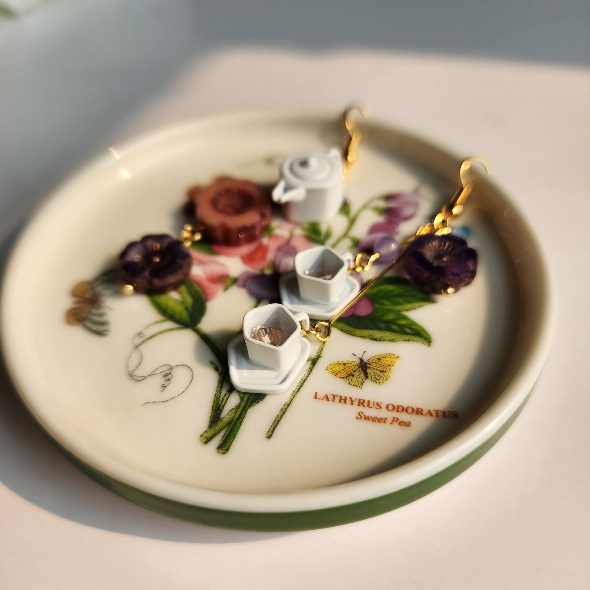 Hibiscus flower tea set earrings, Hibiscus flower dangle earrings, floral tea food earrings, Limited edition