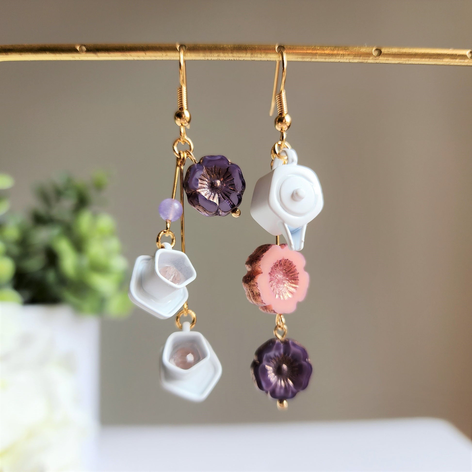 Hibiscus flower tea set earrings, Hibiscus flower dangle earrings, floral tea food earrings, Limited edition
