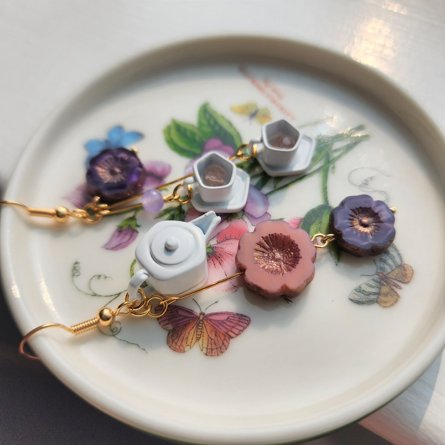 Hibiscus flower tea set earrings, Hibiscus flower dangle earrings, floral tea food earrings, Limited edition