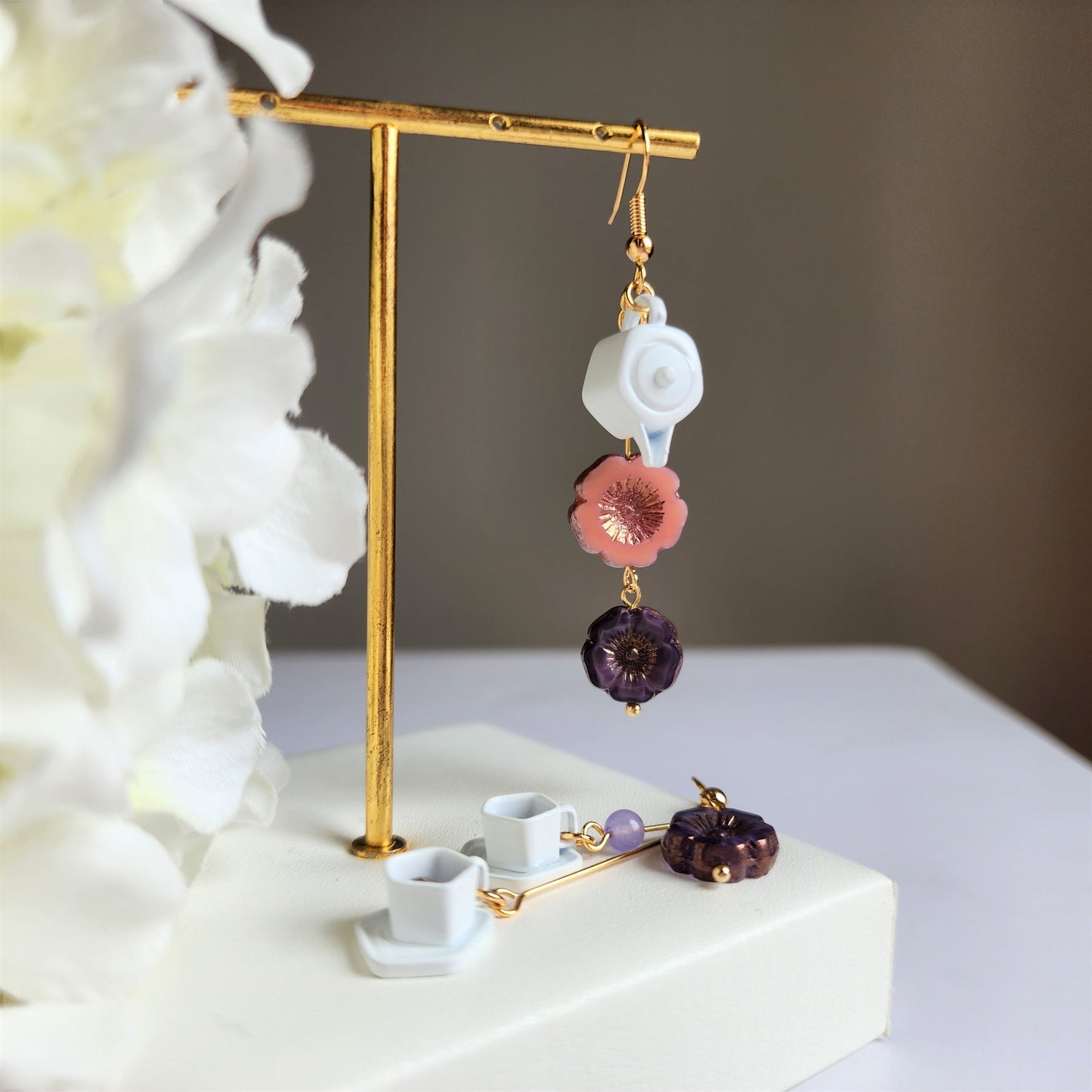 Hibiscus flower tea set earrings, Hibiscus flower dangle earrings, floral tea food earrings, Limited edition