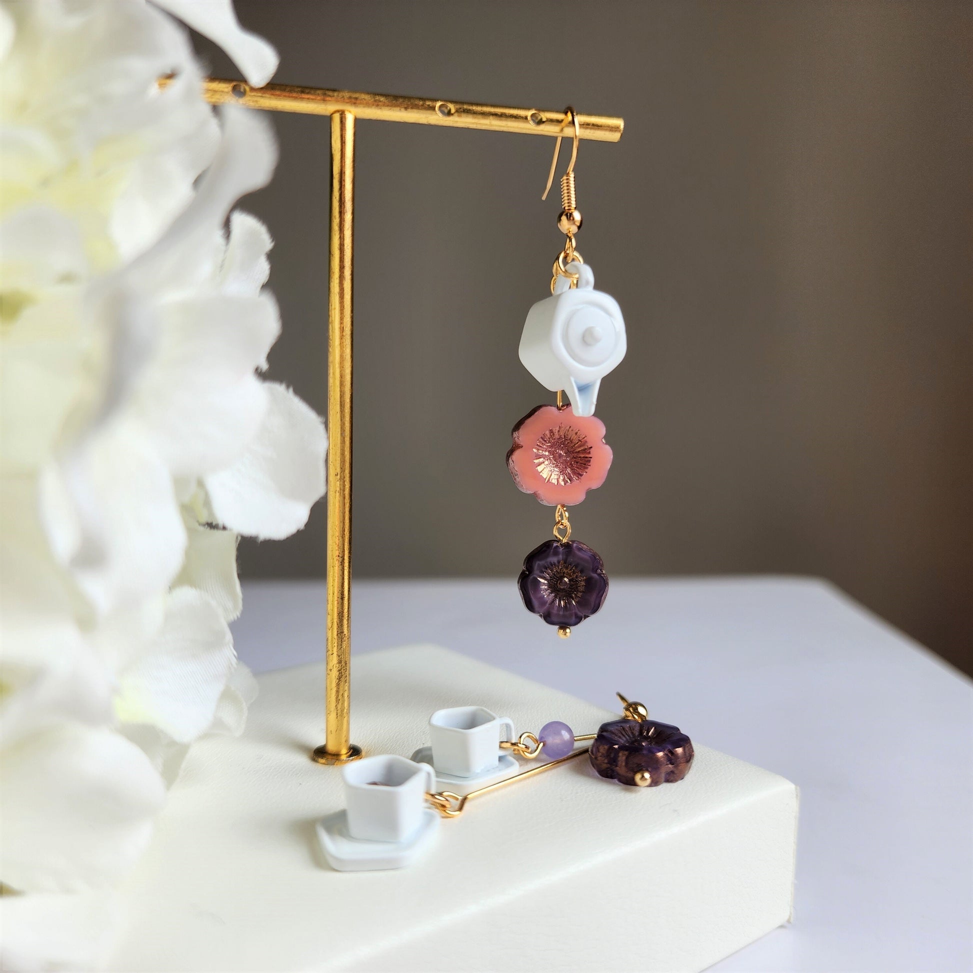 Hibiscus flower tea set earrings, Hibiscus flower dangle earrings, floral tea food earrings, Limited edition