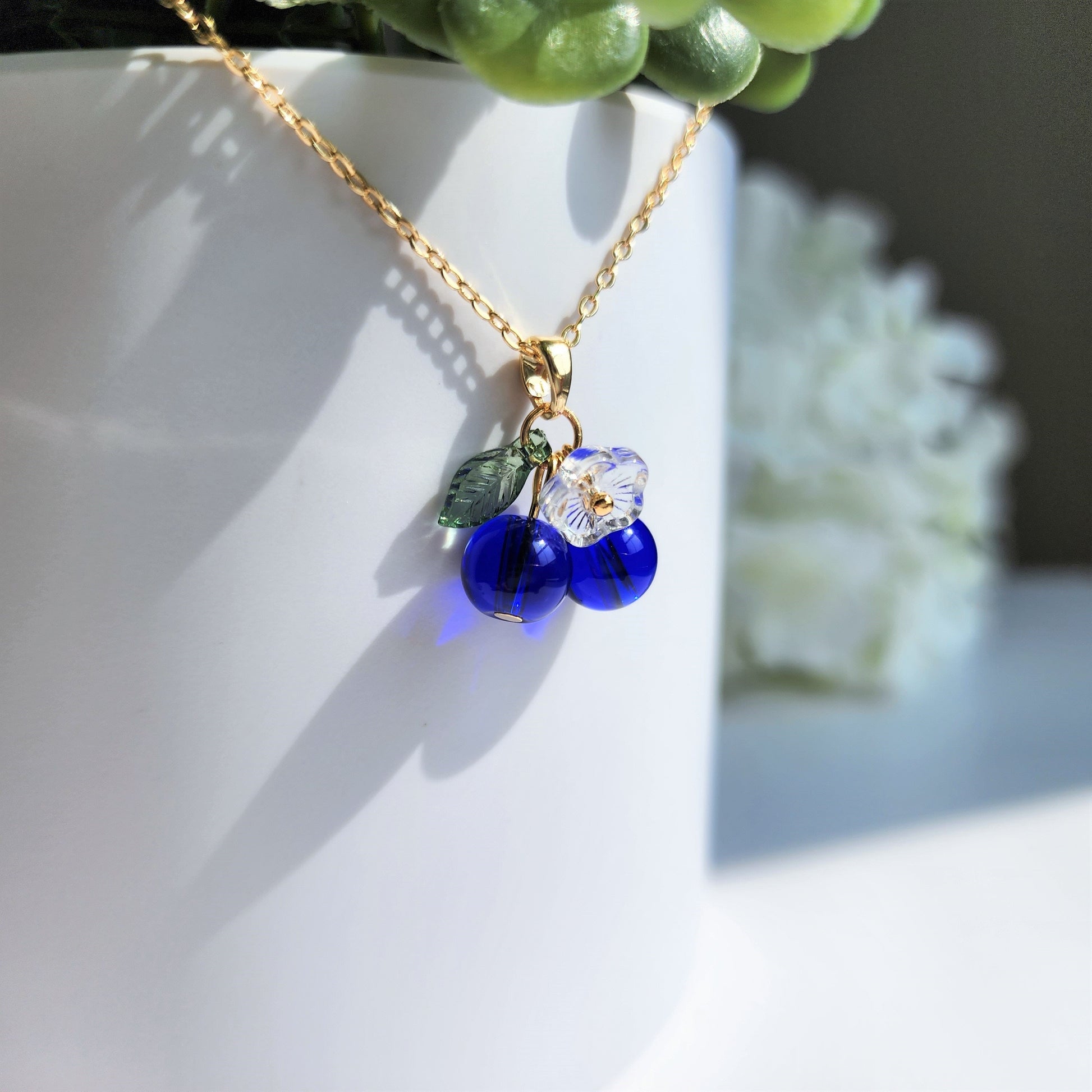 Blueberry necklace, Glass blueberry with flower necklace, Fruit necklace, Gift for her
