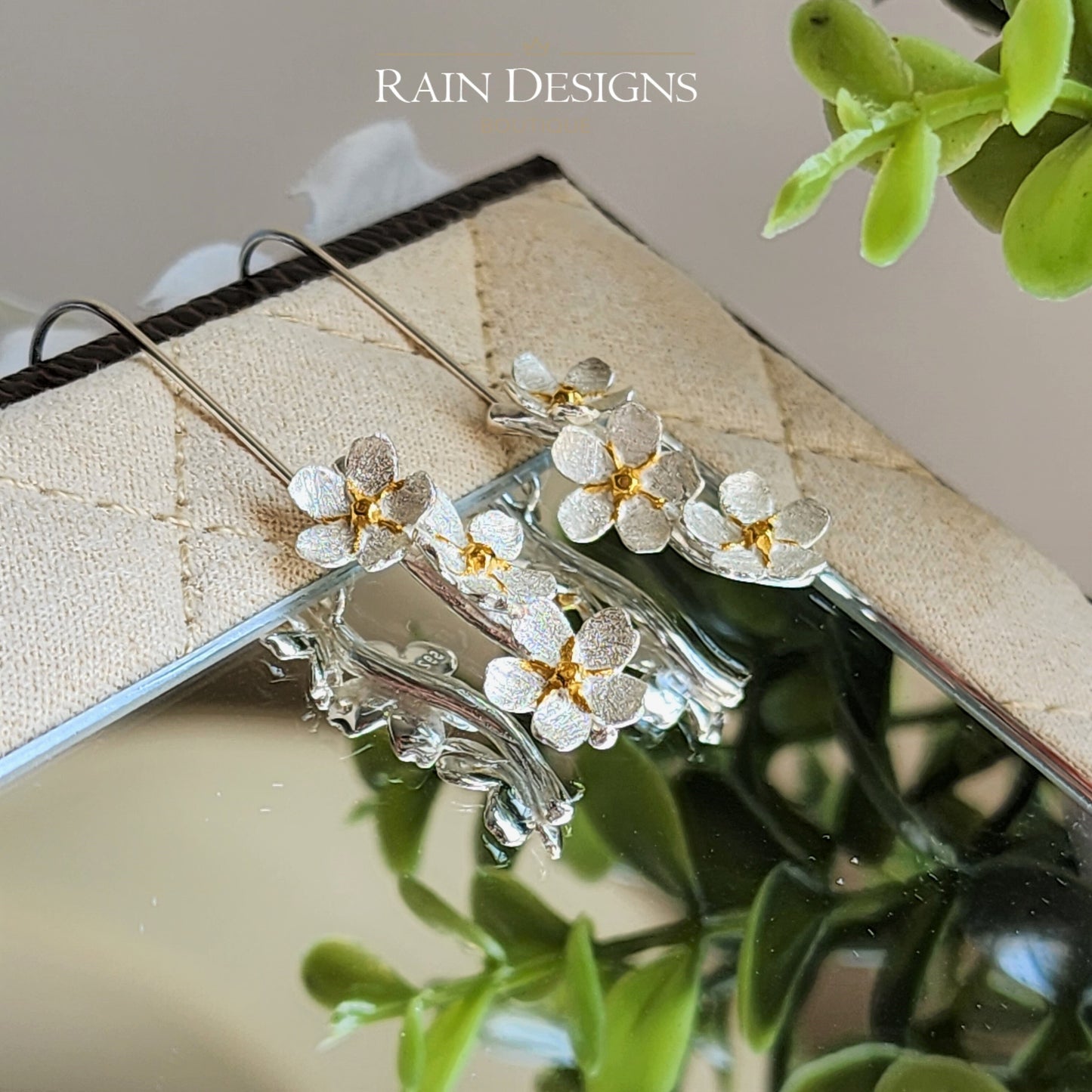 Forget Me Not S925 silver flower earrings, Floral art dangle earrings, Silver earrings, Gift for her