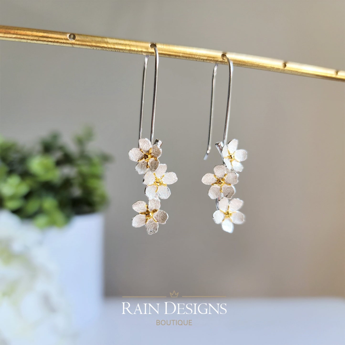 Forget Me Not S925 silver flower earrings, Floral art dangle earrings, Silver earrings, Gift for her