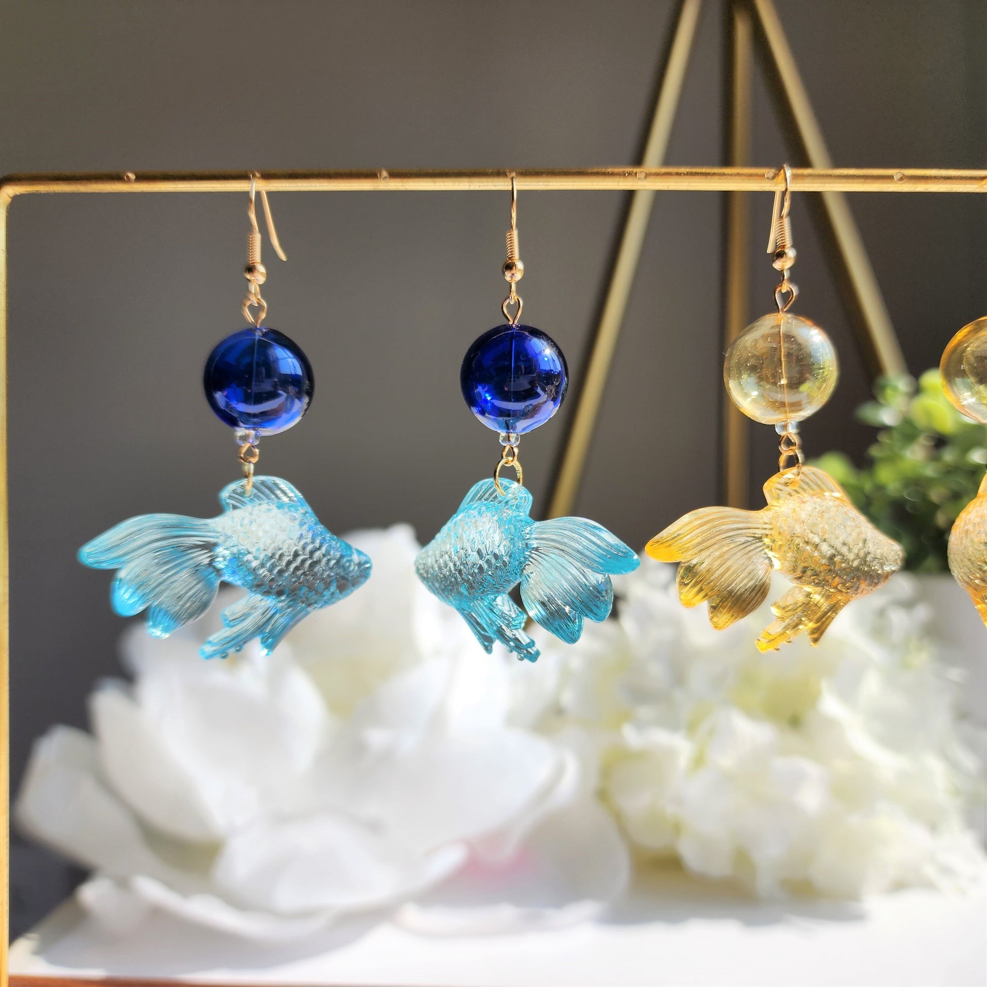 Transparent goldfish earrings, Colorful goldfish dangle earrings, Fun animal earrings, gift for her