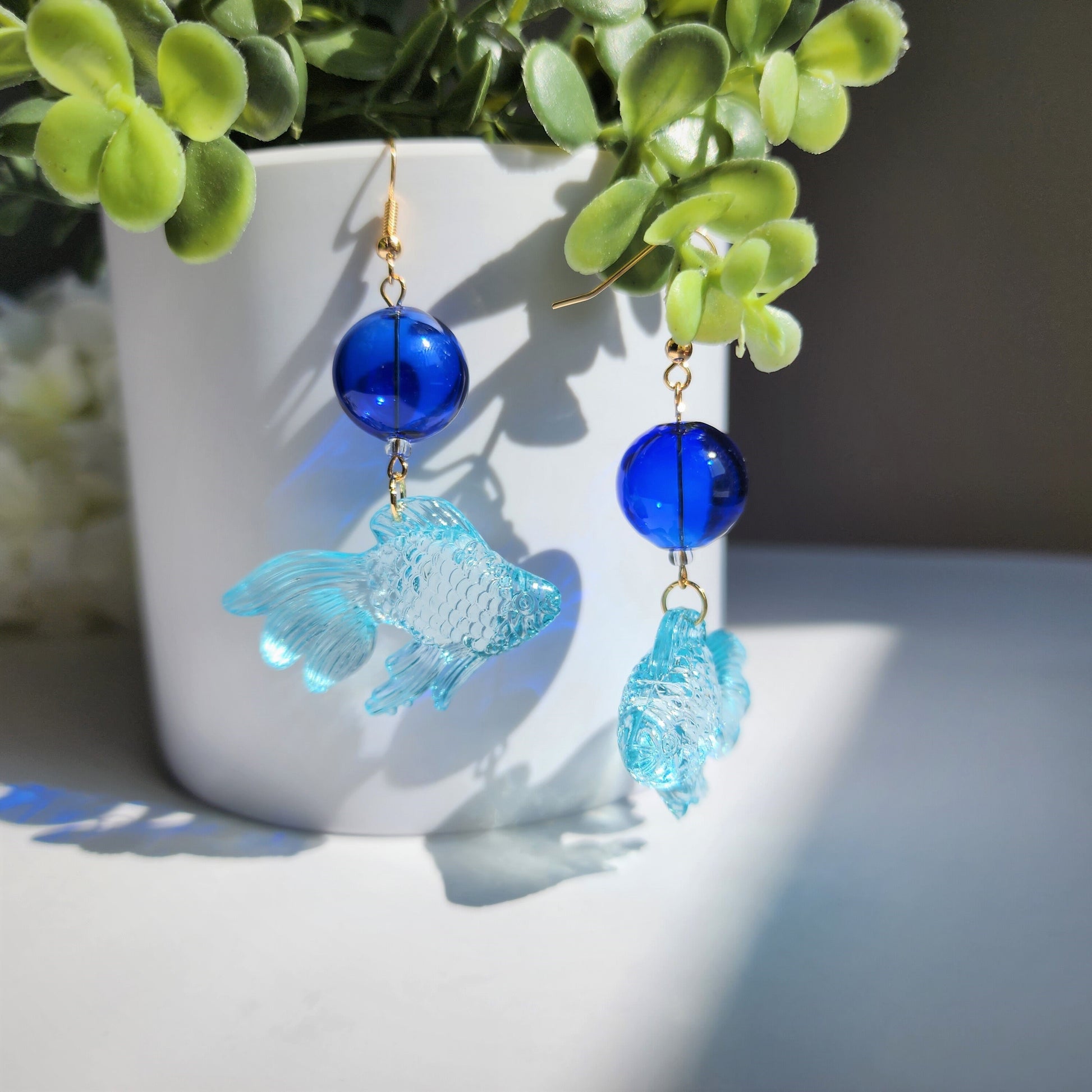 Transparent goldfish earrings, Colorful goldfish dangle earrings, Fun animal earrings, gift for her