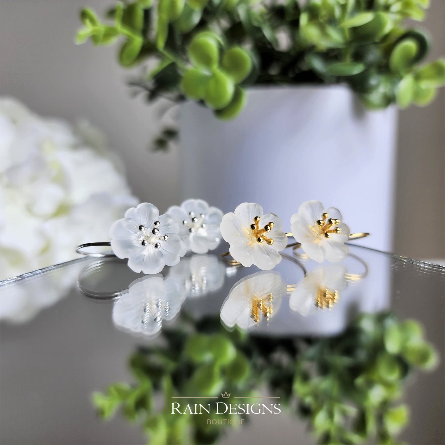 Flower in the rain S925 silver 18K earrings, Handmade crystal rain flower dangle earrings, Floral earrings, Gift for her