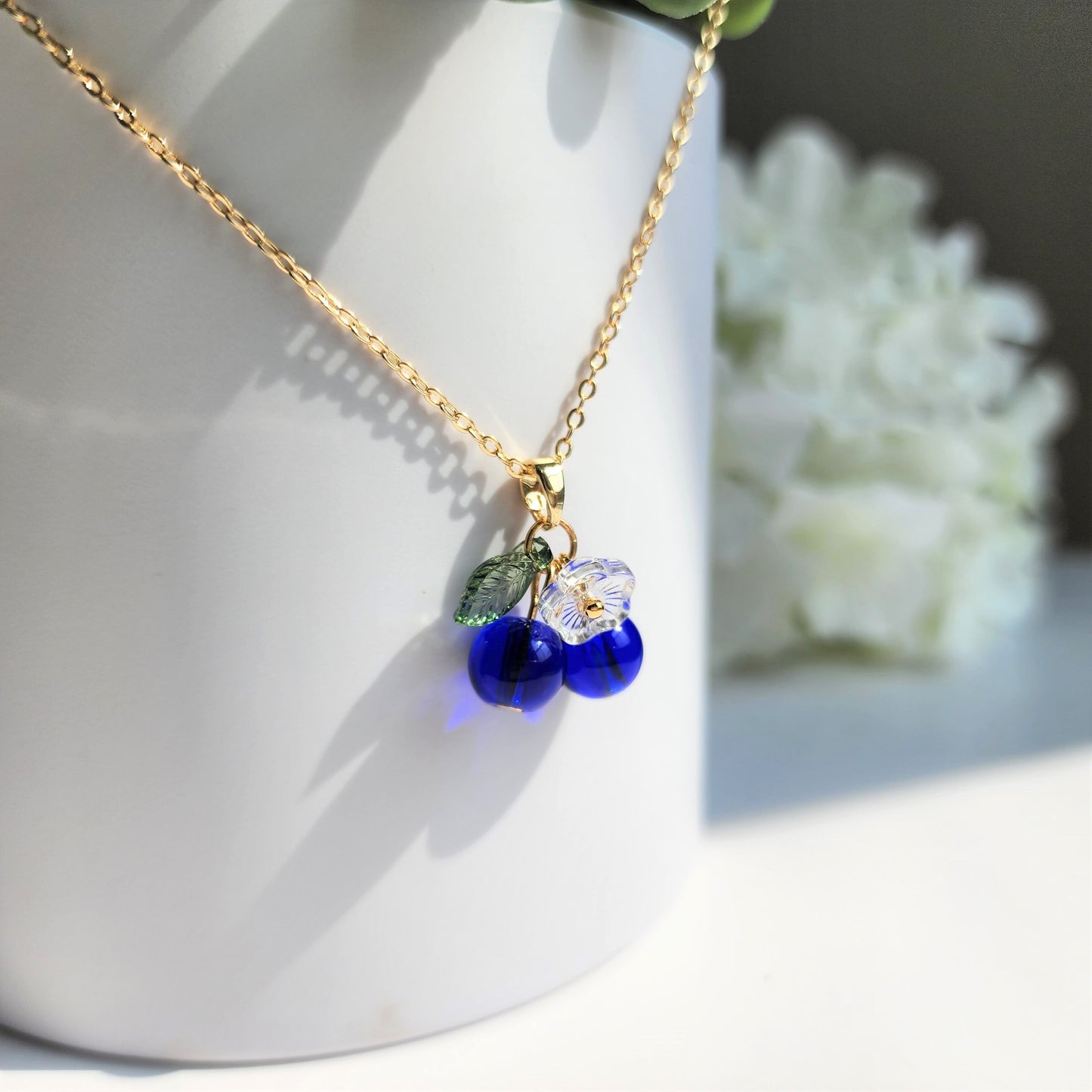 Blueberry necklace, Glass blueberry with flower necklace, Fruit necklace, Gift for her