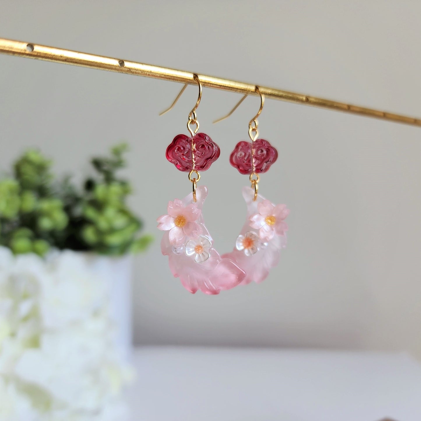 Flower feather dangle earrings, Oriental glass feather earrings, Fun earrings, gift for her