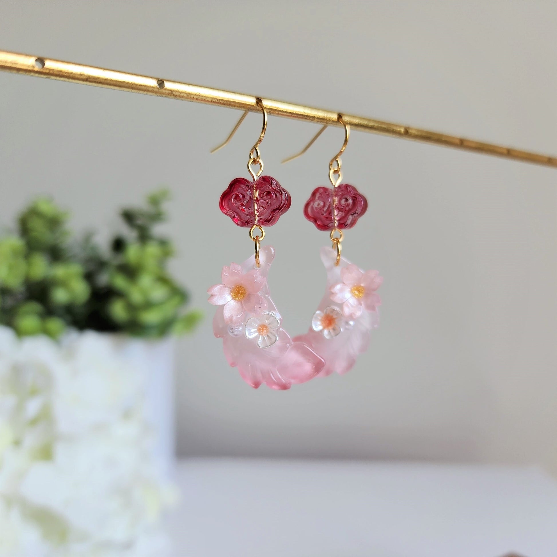 Flower feather dangle earrings, Oriental glass feather earrings, Fun earrings, gift for her