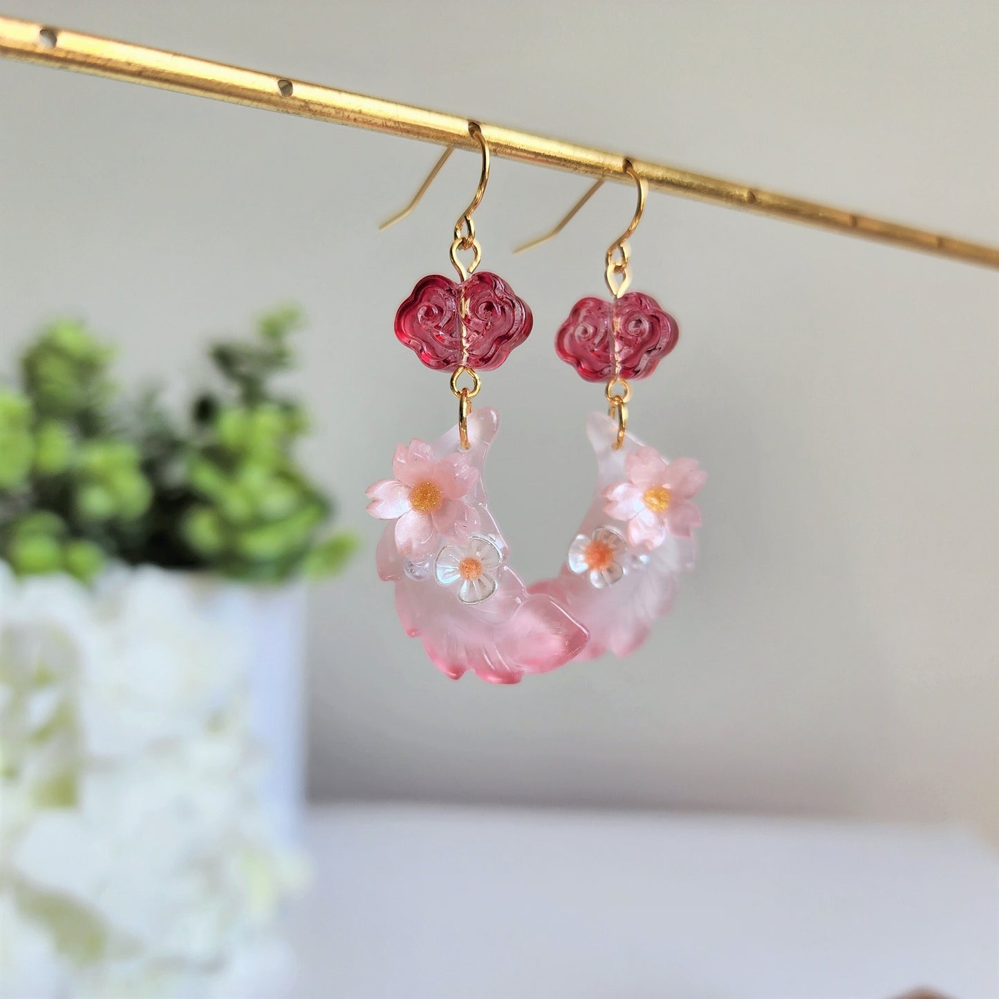 Flower feather dangle earrings, Oriental glass feather earrings, Fun earrings, gift for her