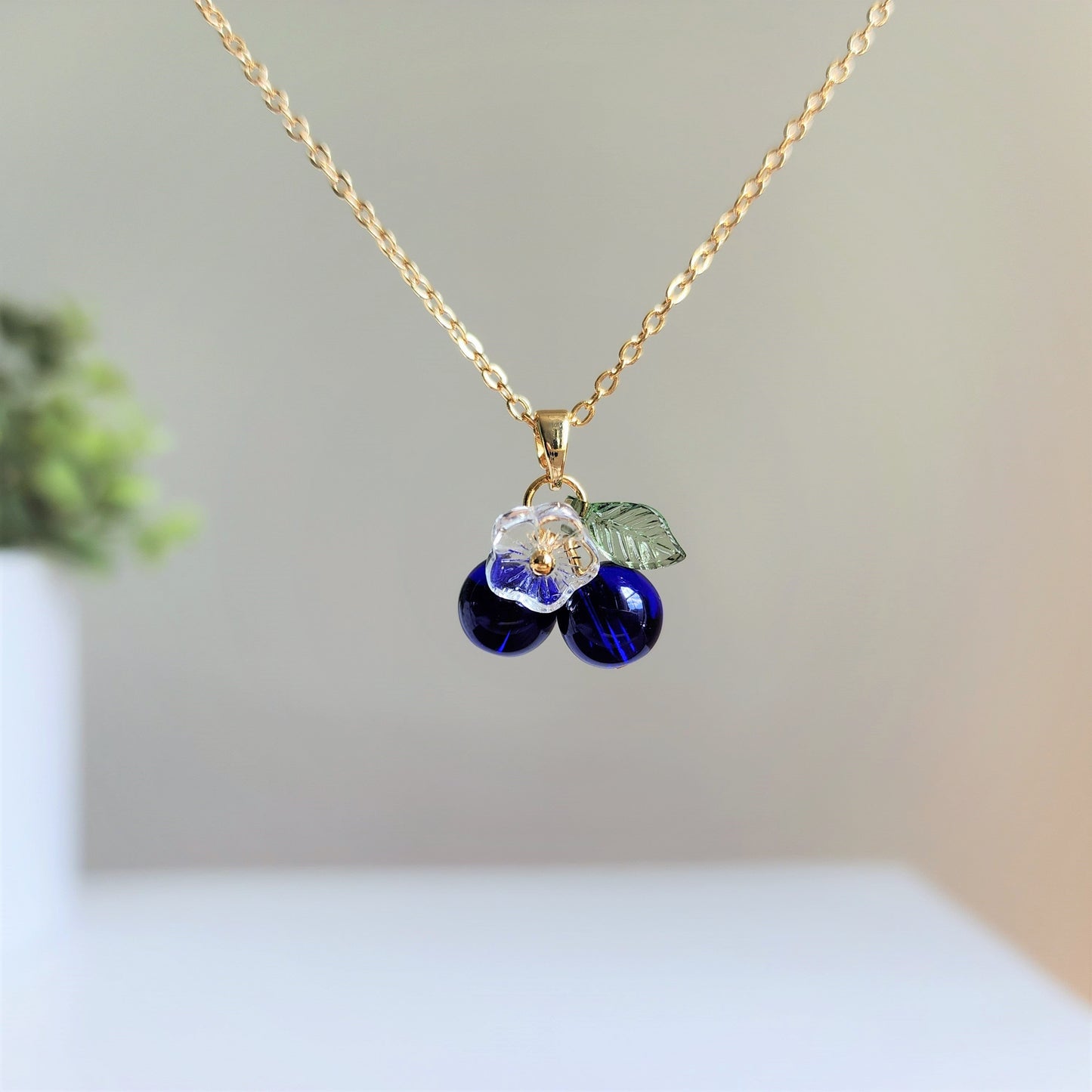 Blueberry necklace, Glass blueberry with flower necklace, Fruit necklace, Gift for her