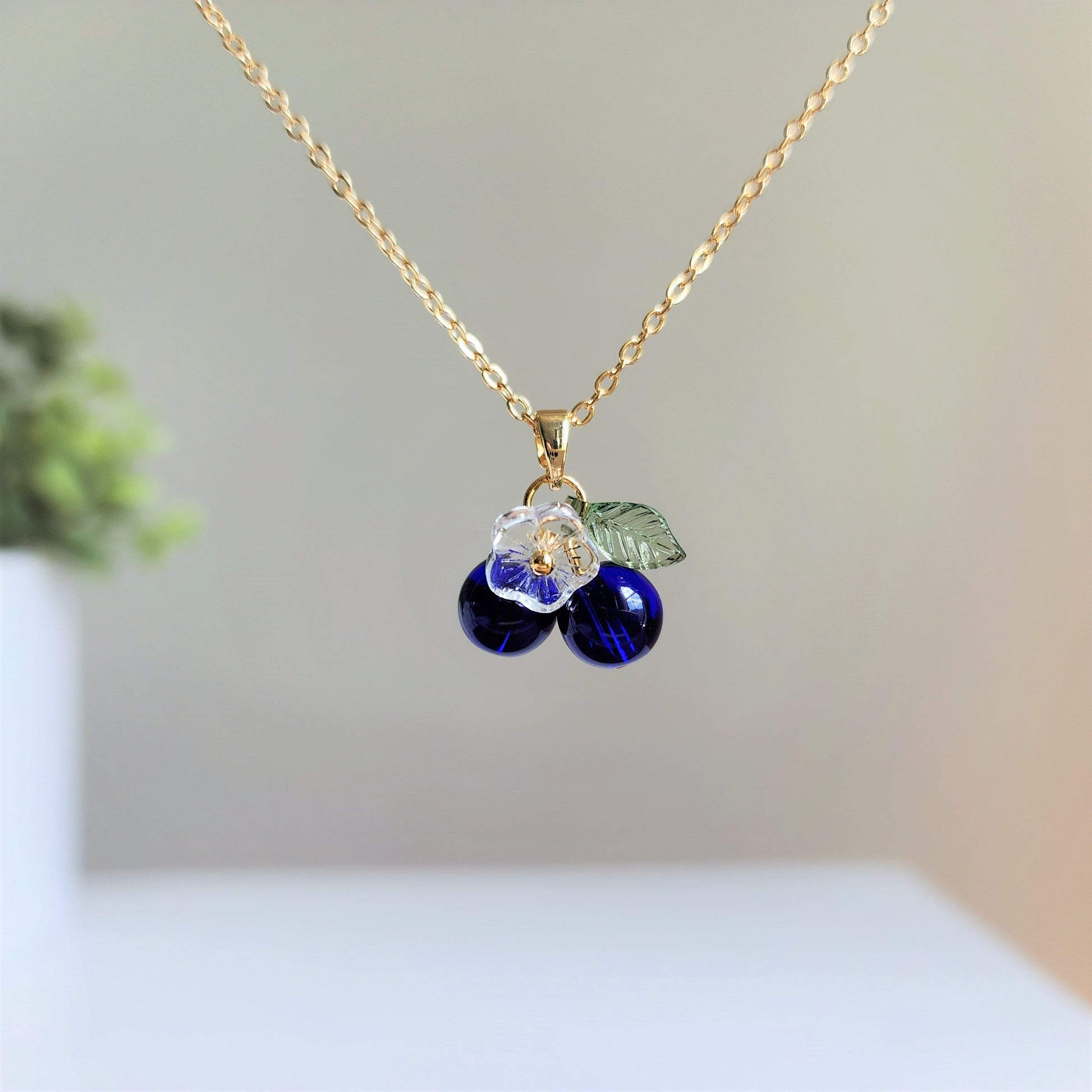 Blueberry necklace, Glass blueberry with flower necklace, Fruit necklace, Gift for her