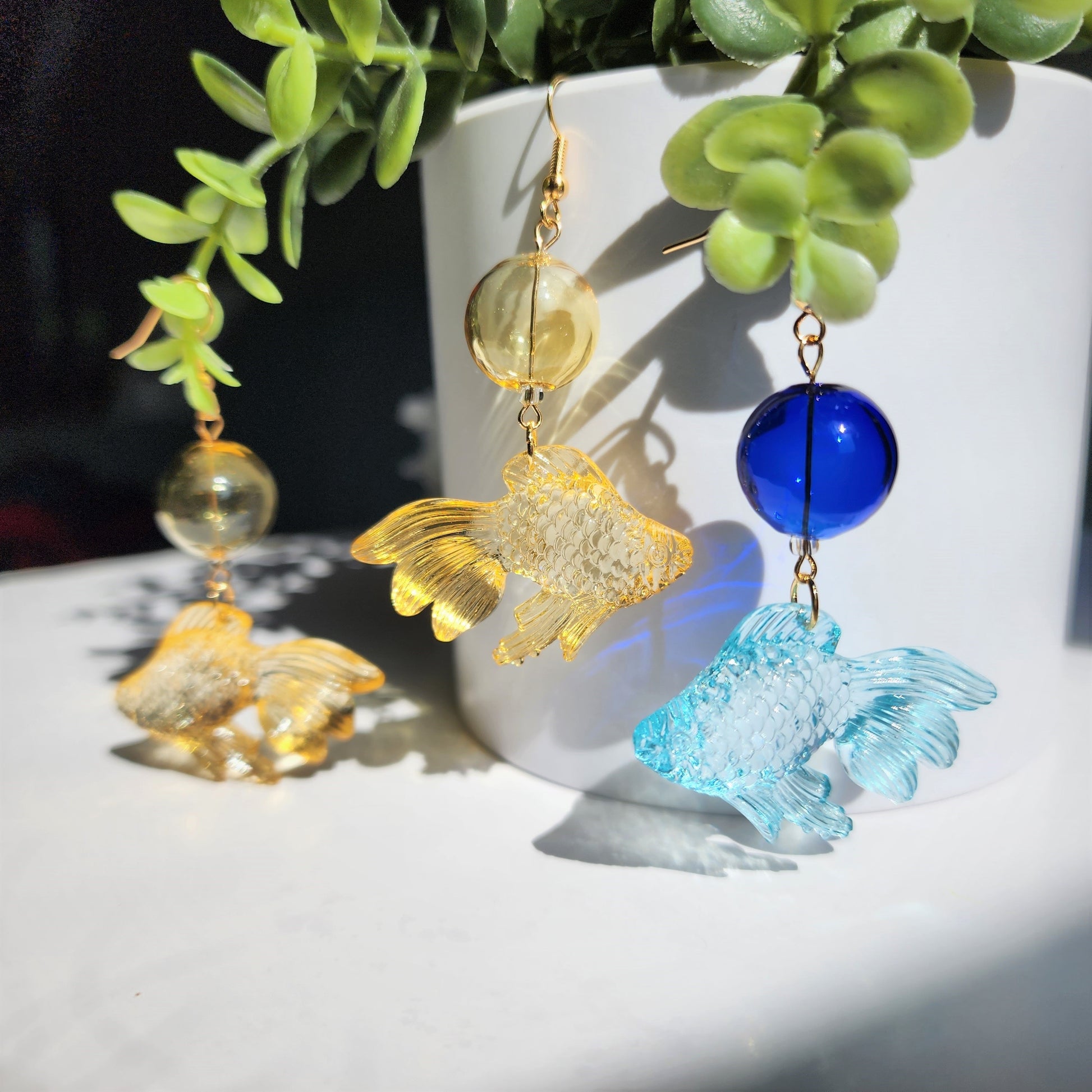 Transparent goldfish earrings, Colorful goldfish dangle earrings, Fun animal earrings, gift for her