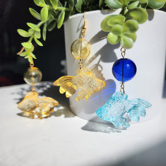 Transparent goldfish earrings, Colorful goldfish dangle earrings, Fun animal earrings, gift for her