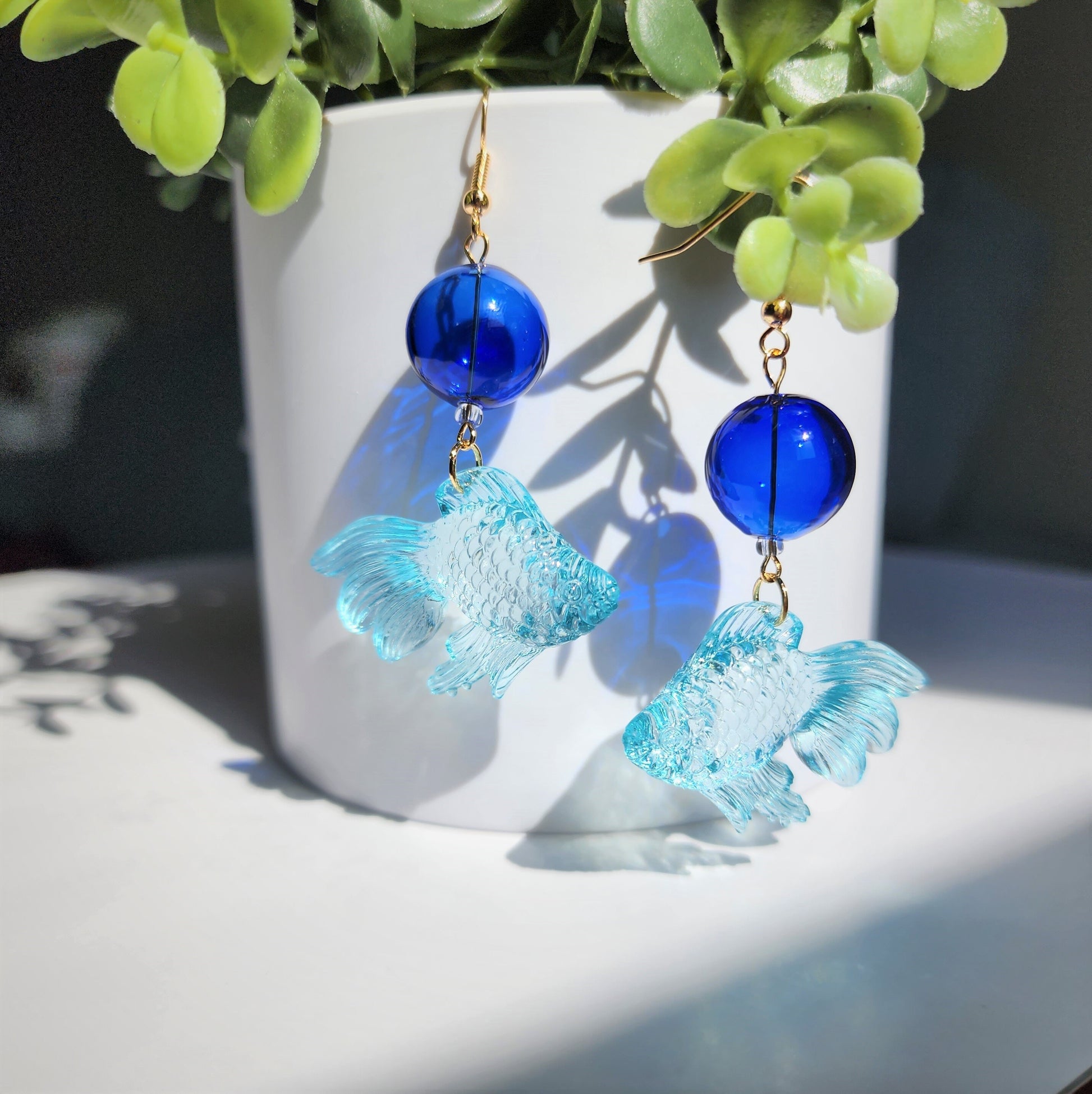 Transparent goldfish earrings, Colorful goldfish dangle earrings, Fun animal earrings, gift for her