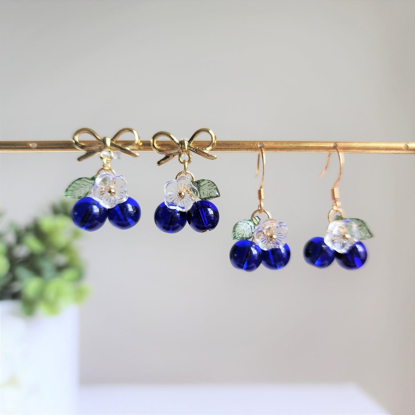 Blueberry cluster dangle earrings, Glass berries currants earrings, Fruit earrings, Food earrings