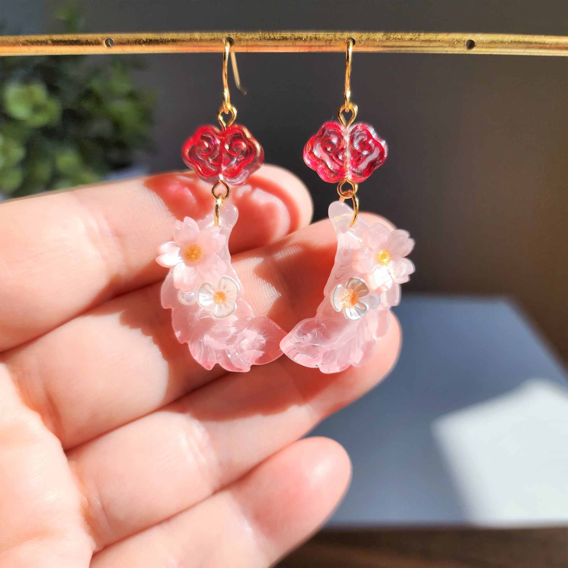 Flower feather dangle earrings, Oriental glass feather earrings, Fun earrings, gift for her