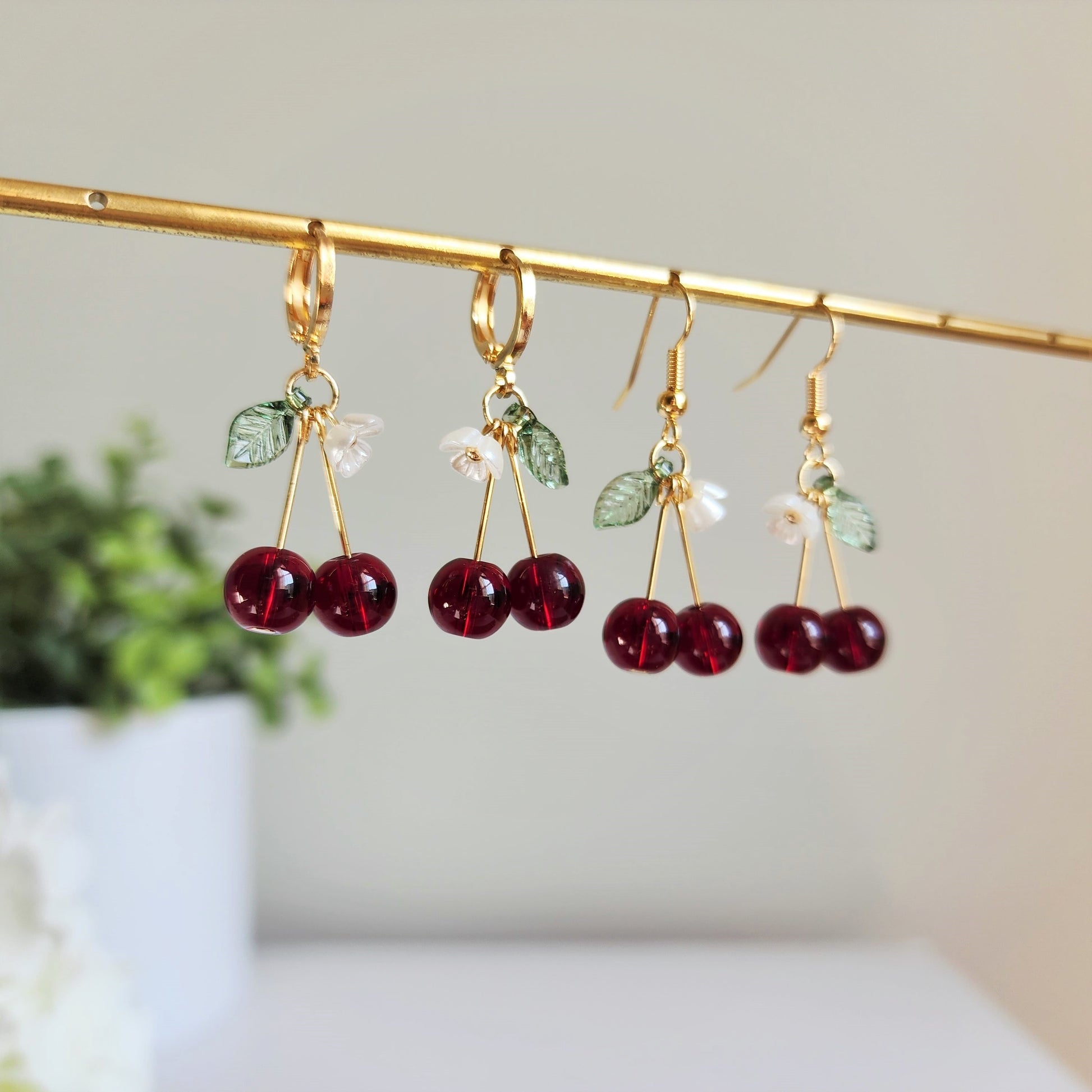 Cherry earrings, Glass red cherry dangle earrings, Fruit cherry earrings, Food earrings, Gift for her