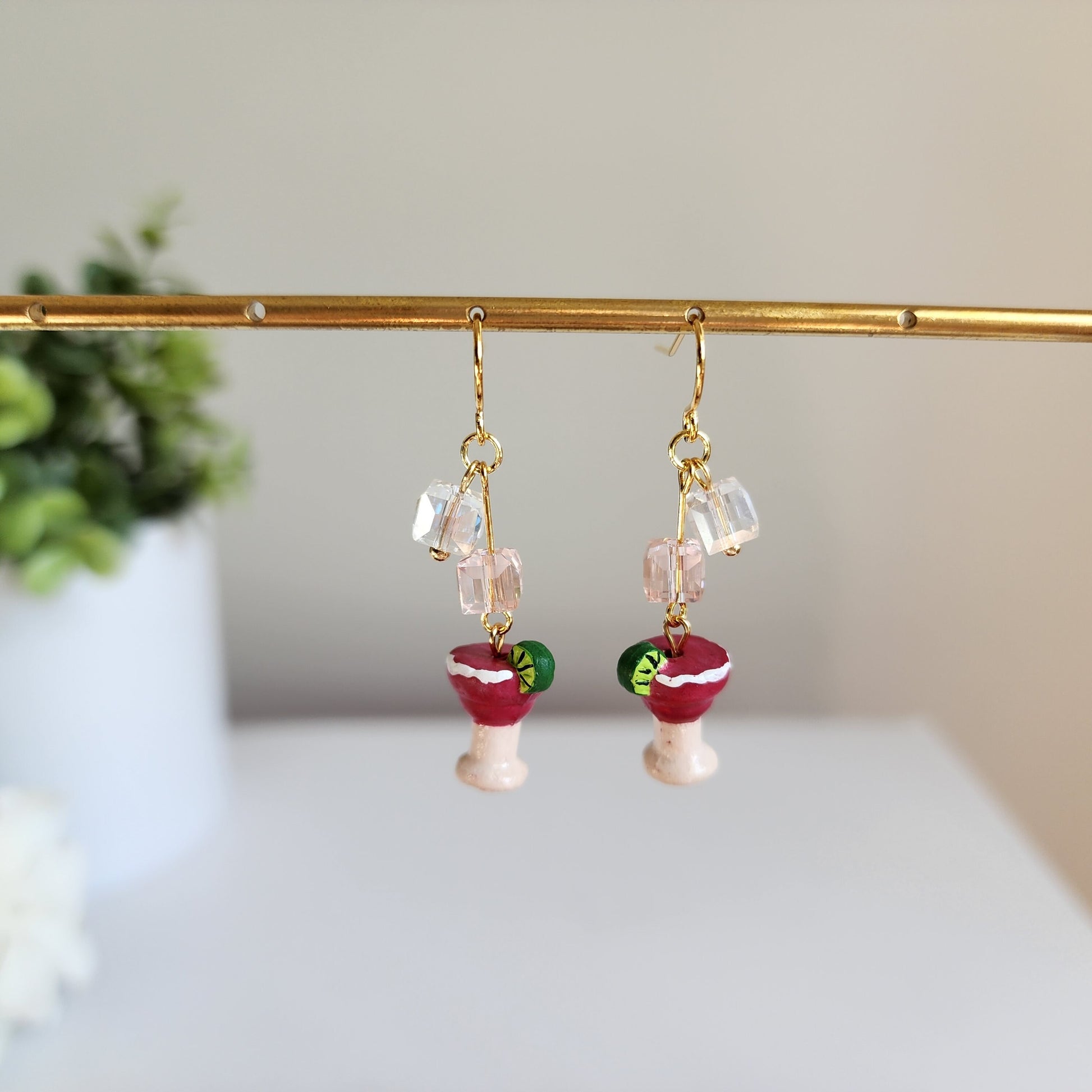 Strawberry Margarita with ice earrings, Cocktail drink earrings, Food ceramic earrings, Gift for her