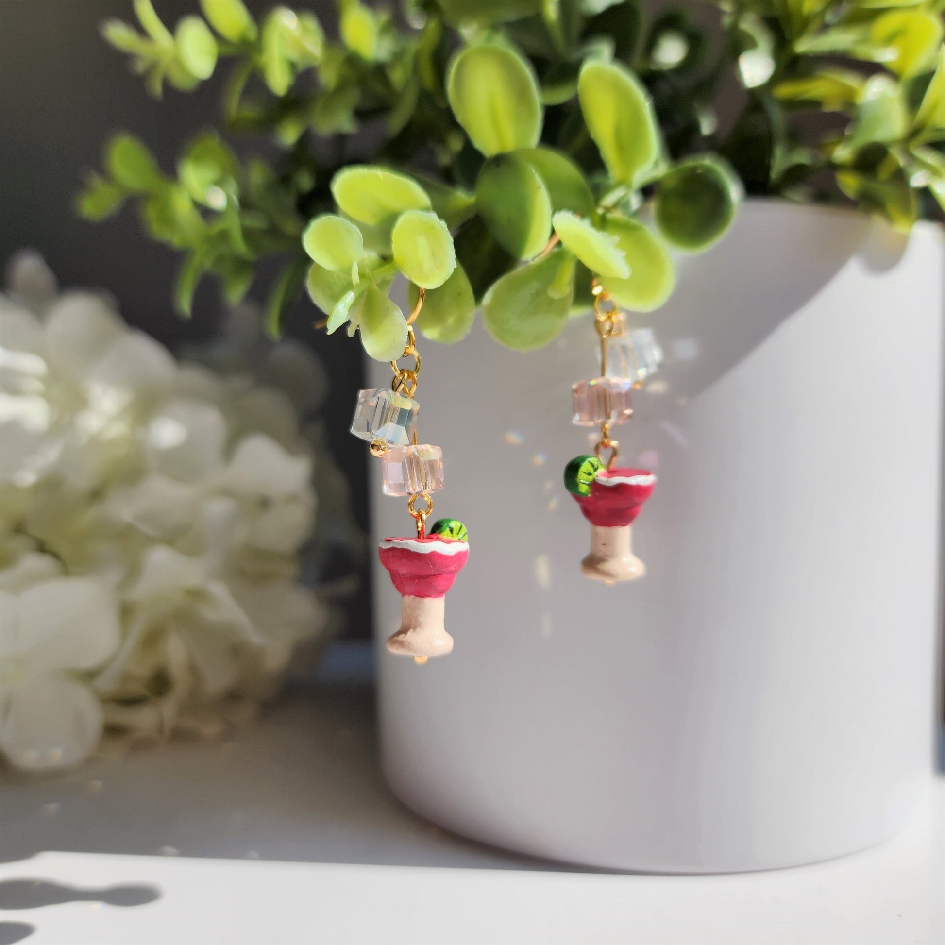 Strawberry Margarita with ice earrings, Cocktail drink earrings, Food ceramic earrings, Gift for her