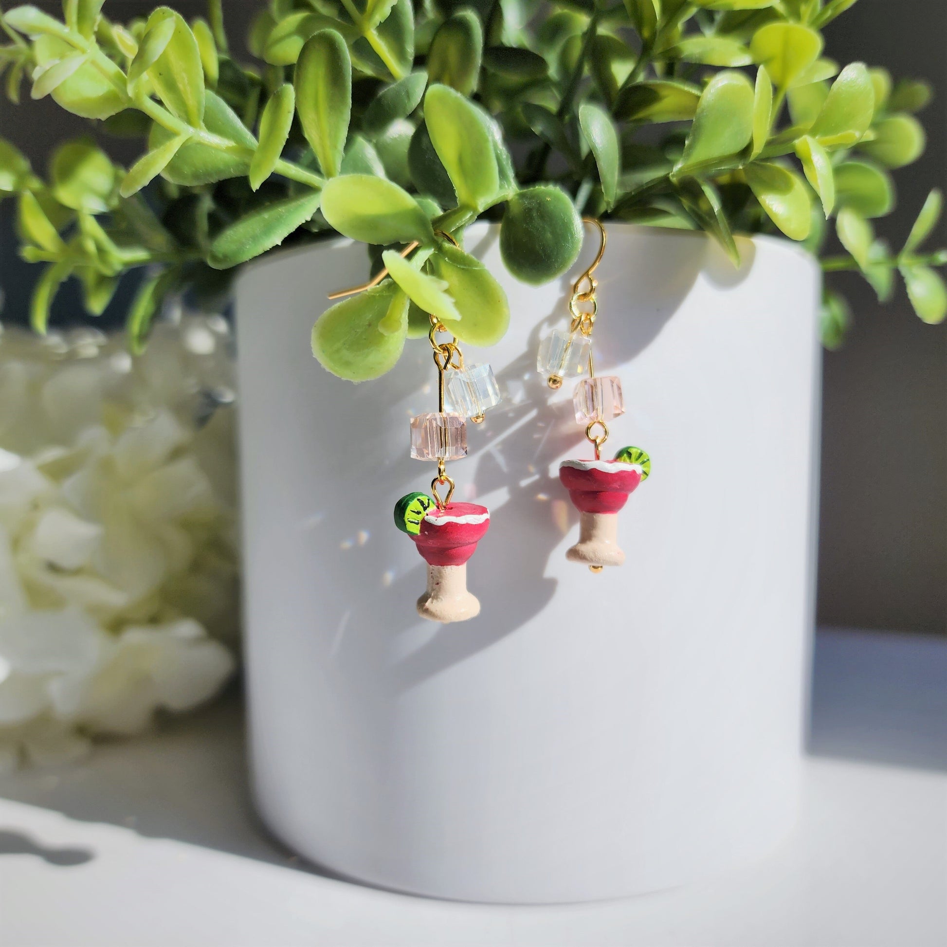 Strawberry Margarita with ice earrings, Cocktail drink earrings, Food ceramic earrings, Gift for her