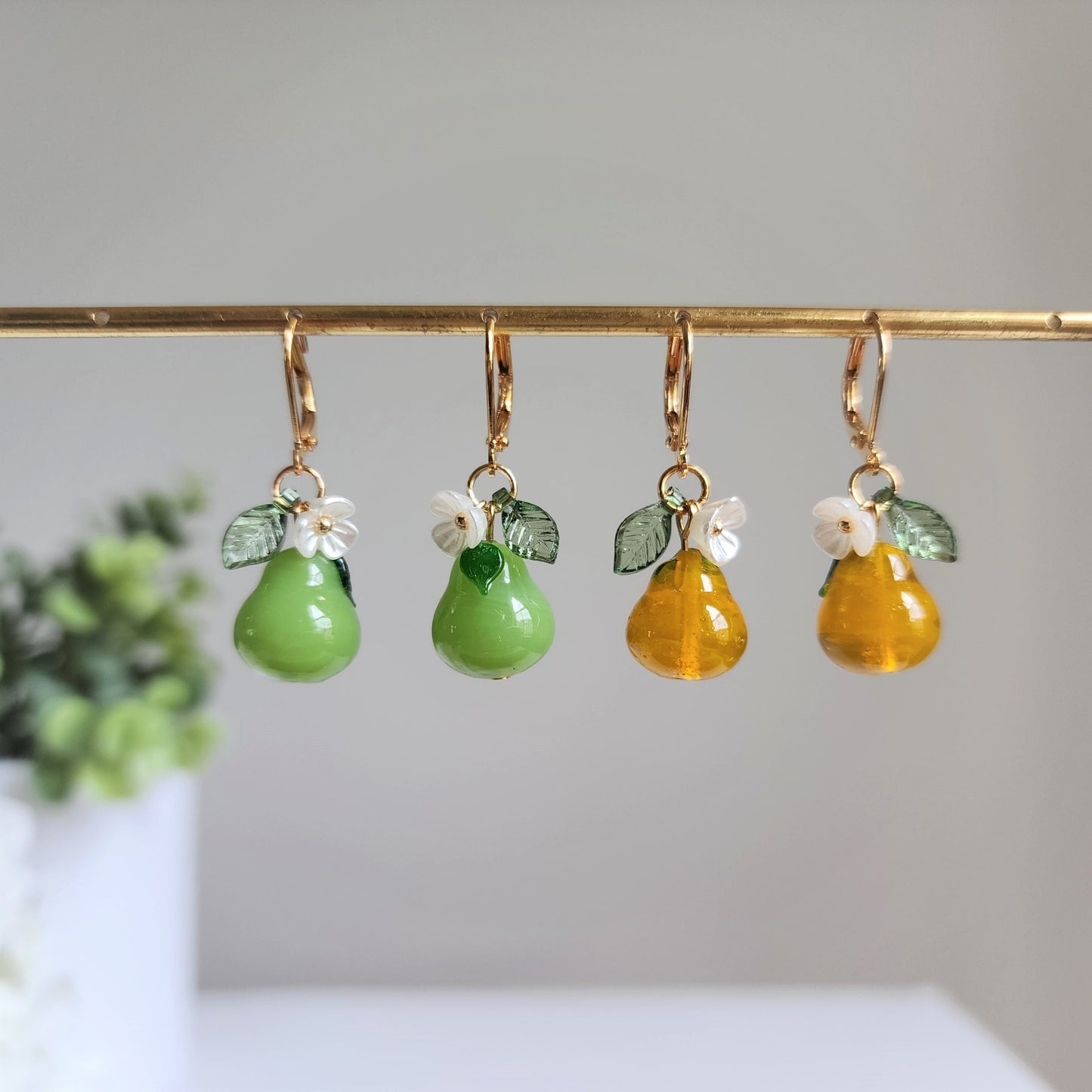 Pear earrings, Glass fruit dangle earrings, Food earrings, gift for her