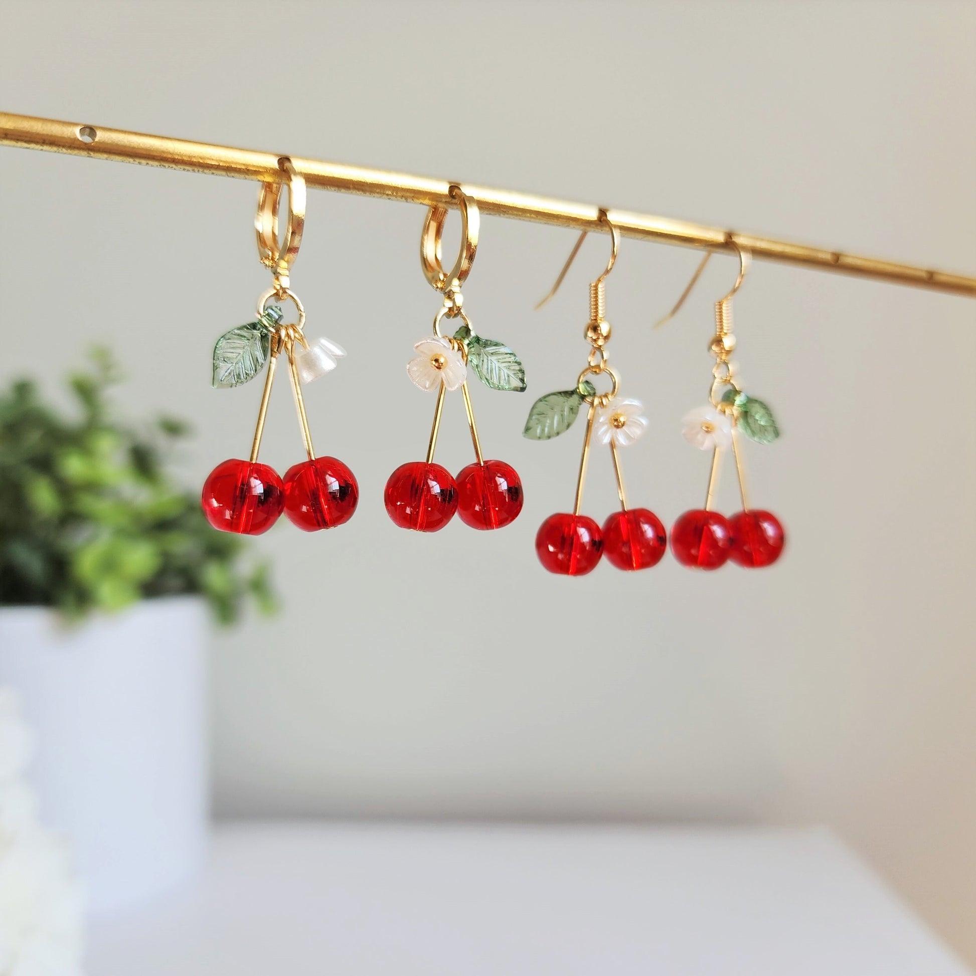 Cherry earrings, Glass red cherry dangle earrings, Fruit cherry earrings, Food earrings, Gift for her