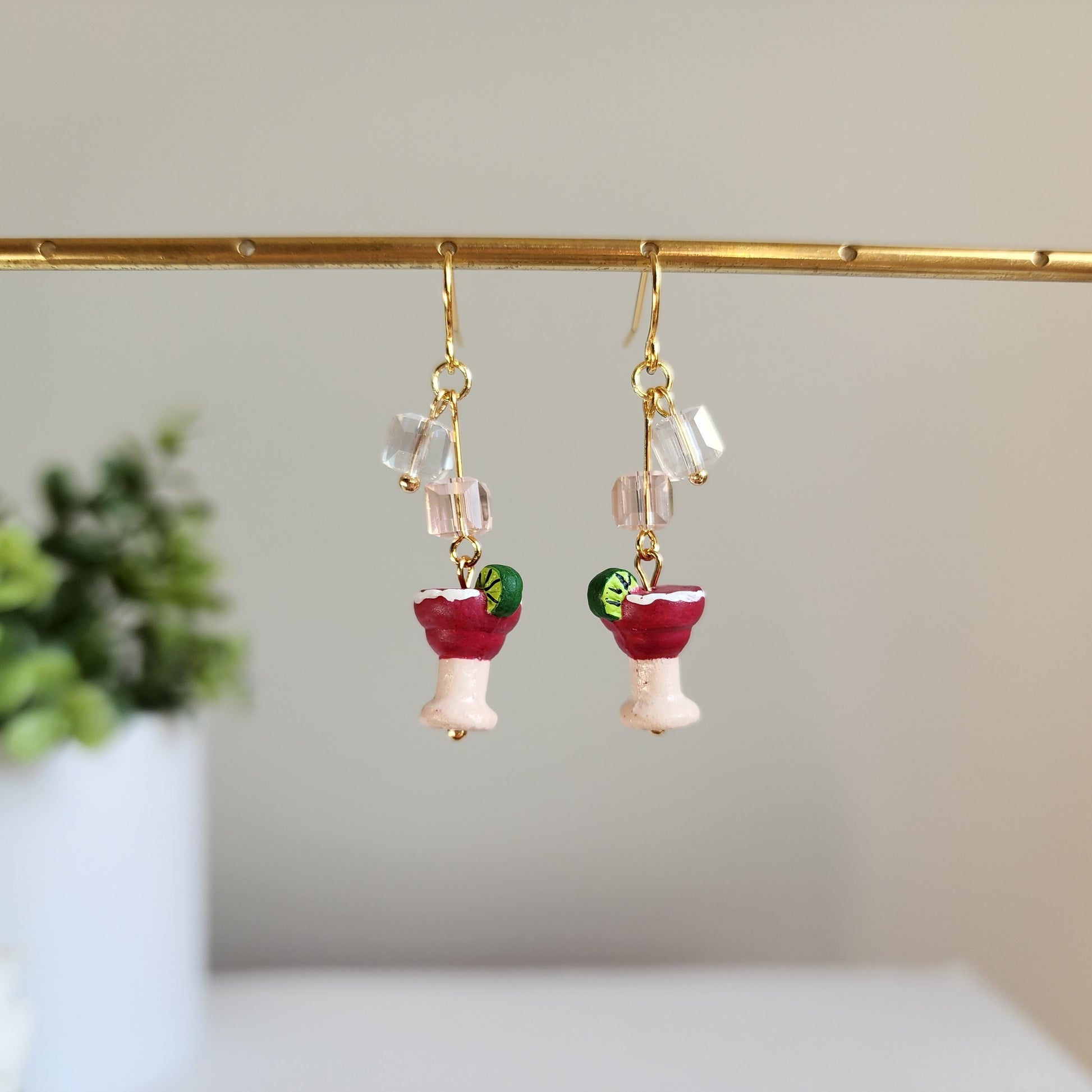 Strawberry Margarita with ice earrings, Cocktail drink earrings, Food ceramic earrings, Gift for her