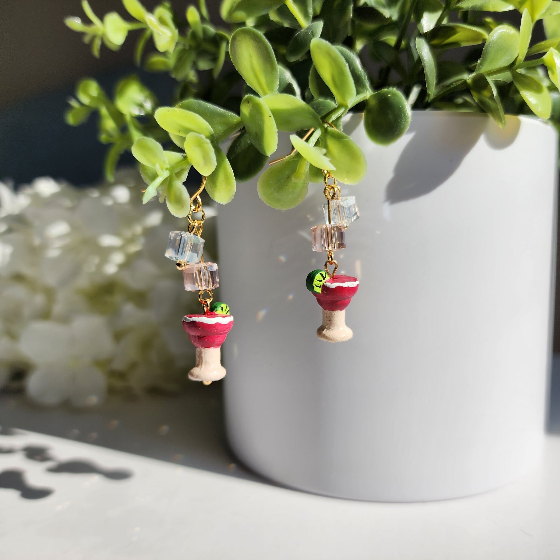 Strawberry Margarita with ice earrings, Cocktail drink earrings, Food ceramic earrings, Gift for her