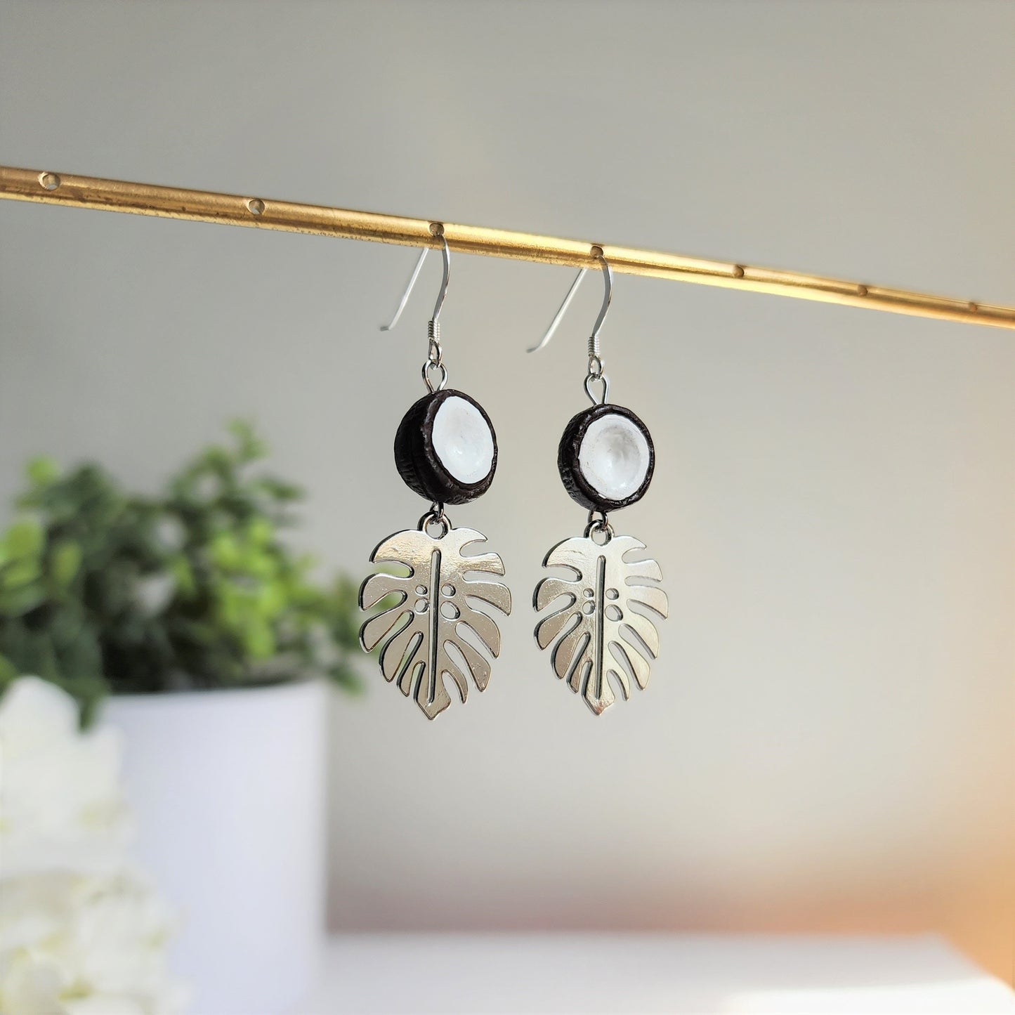 Coconut earrings, Hand painted ceramic coconut dangle earrings, Fruit earrings, Food earrings