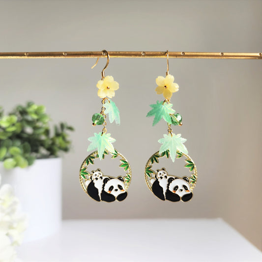Panda resting under bamboo leaves earrings, panda dangle earrings, animal dangle earrings, gift for her