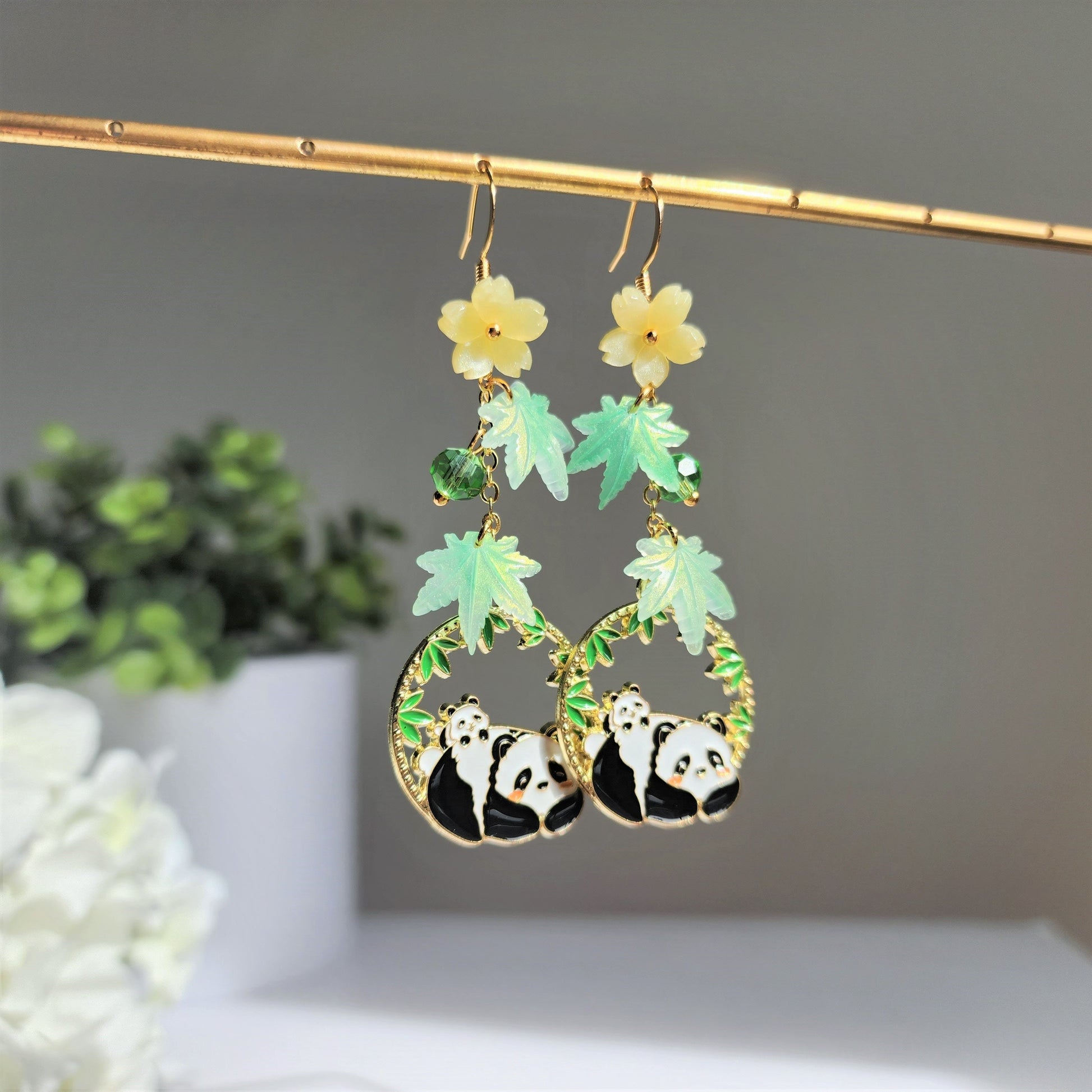 Panda resting under bamboo leaves earrings, panda dangle earrings, animal dangle earrings, gift for her