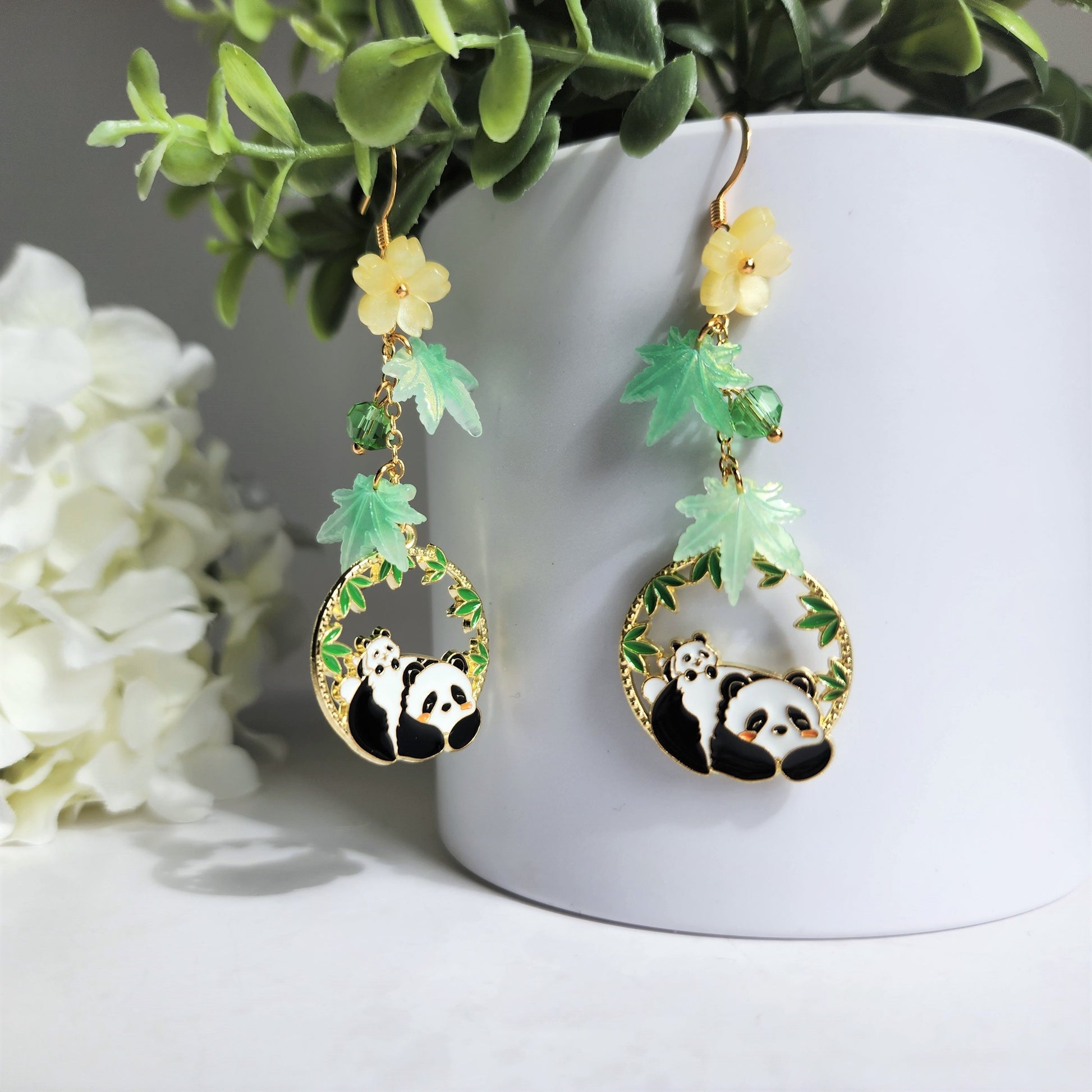 Panda resting under bamboo leaves earrings, panda dangle earrings, animal dangle earrings, gift for her