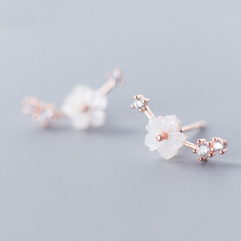 Rose gold vermeil White Sakura stud earrings, 925s Natural mother of pearl Sakura flower stud earrings, gift for her