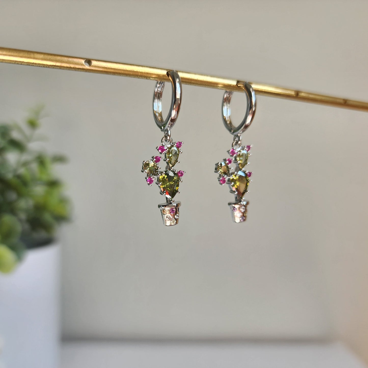 Cactus huggie hoop earrings, Cactus dangle earrings, plant drop earrings, gift for her