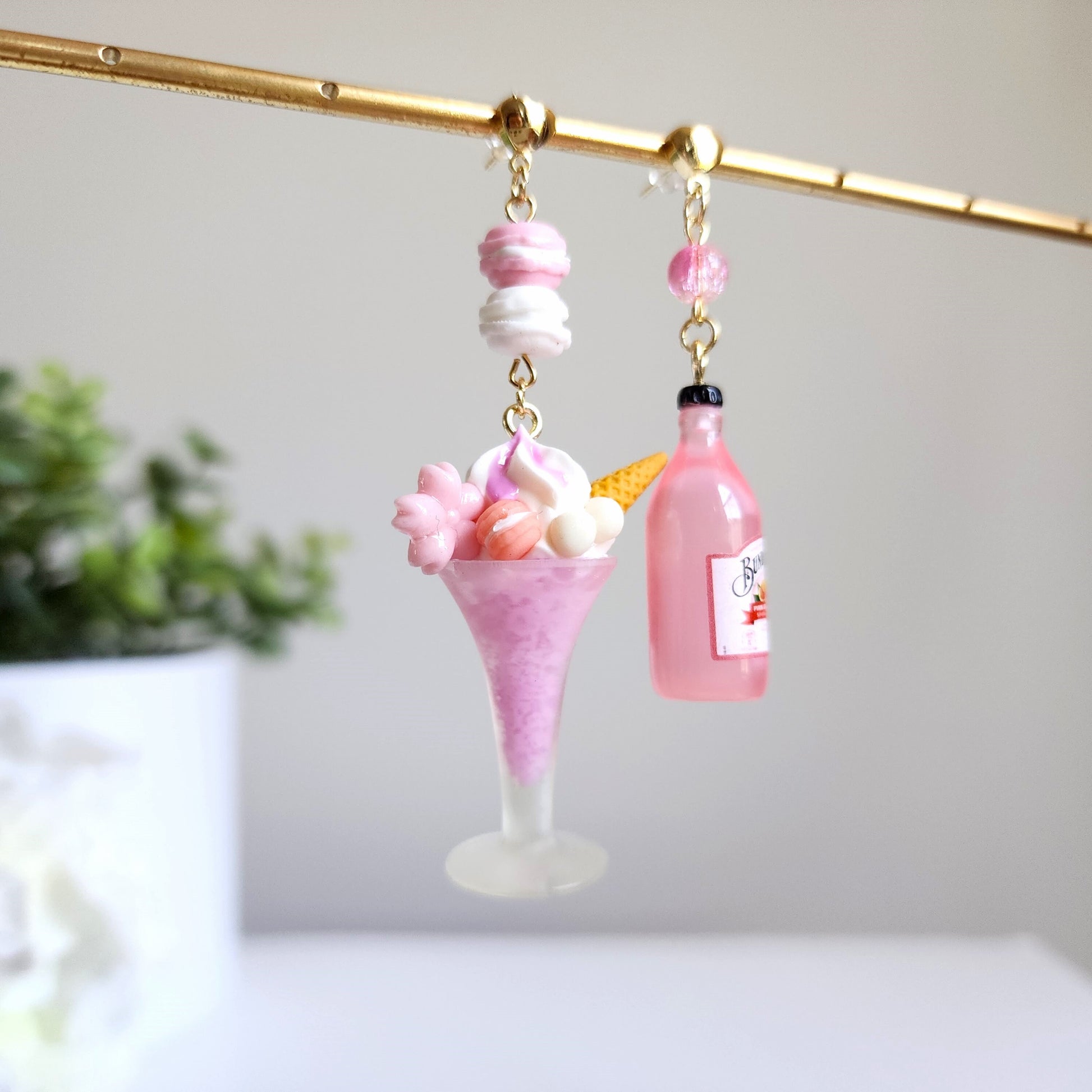 Sakura ice cream with sparkling water earrings, Cherry blossom sundae and pink sparkling water earrings, Food dangle earrings, Gift for her