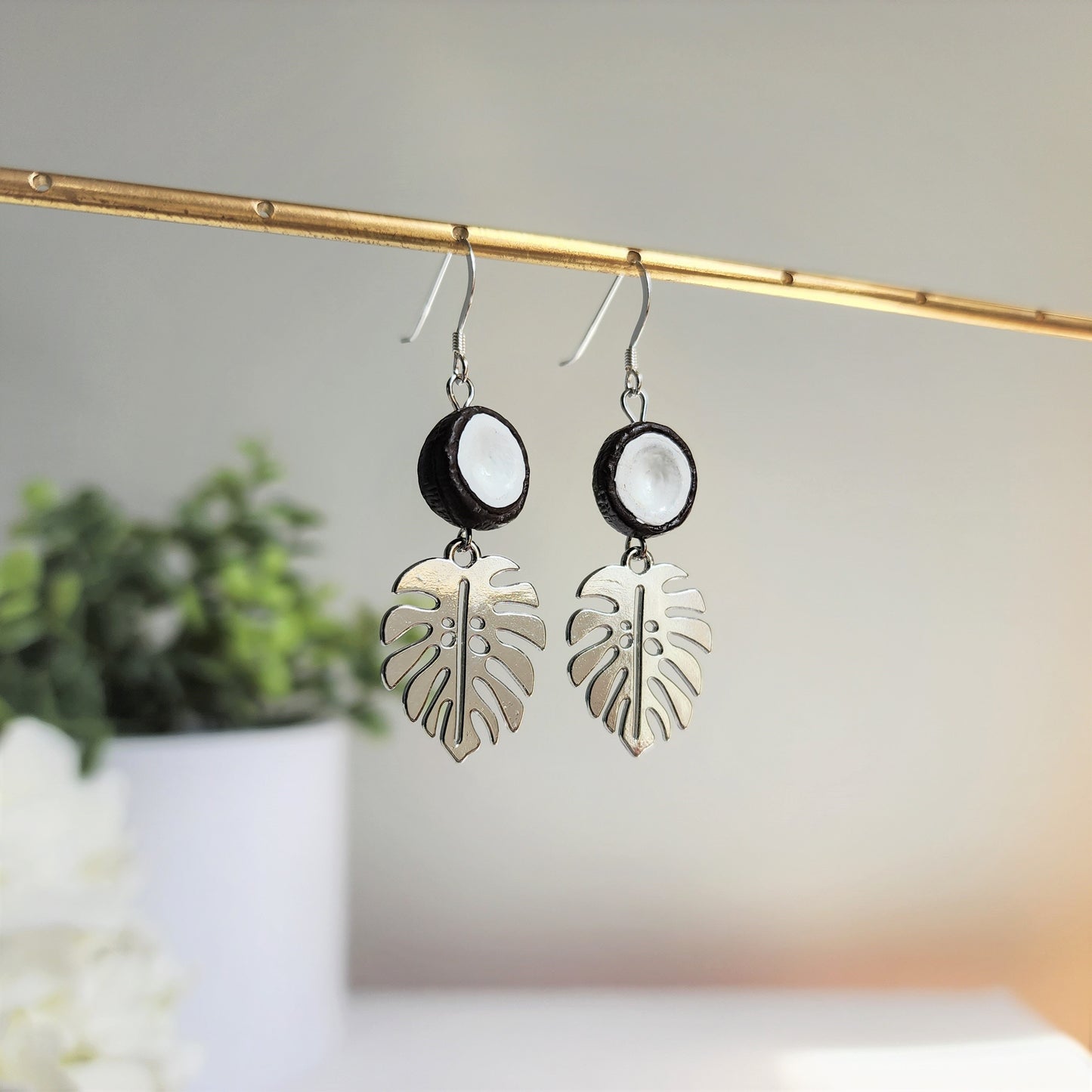 Coconut earrings, Hand painted ceramic coconut dangle earrings, Fruit earrings, Food earrings