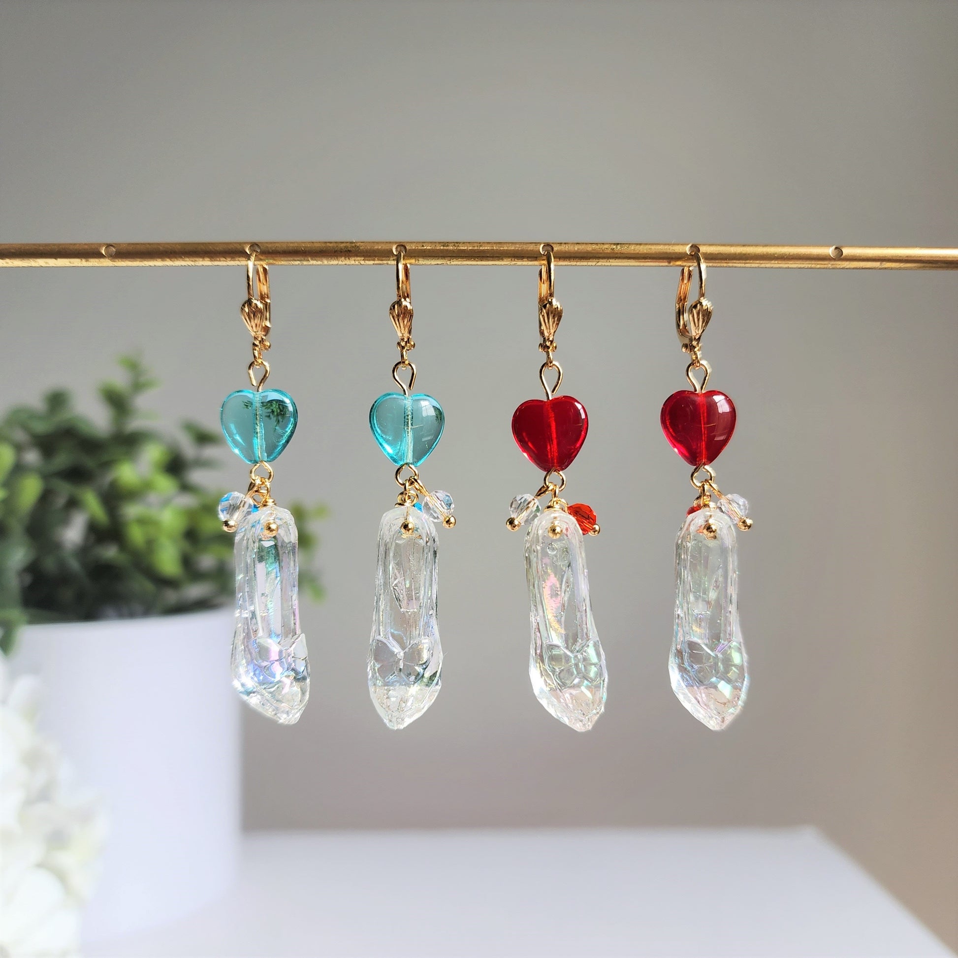 Cinderella glass slipper earrings, Sparkling glass slipper earrings, Fairytale dangle earrings