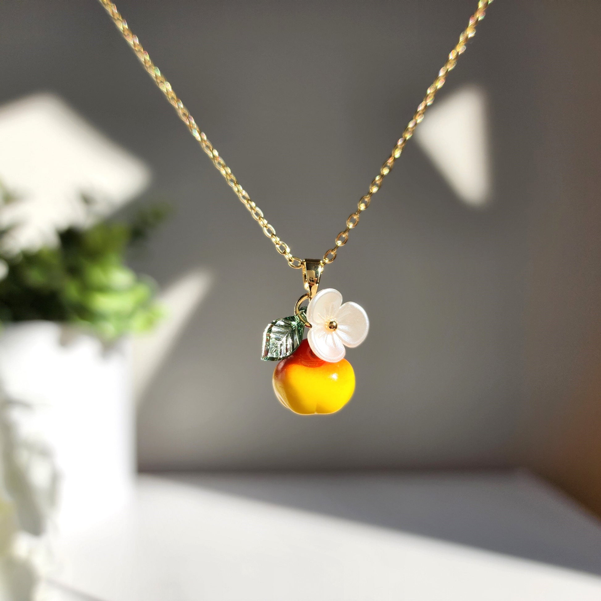 Apple necklace, Glass apple fruit necklace, Food necklace