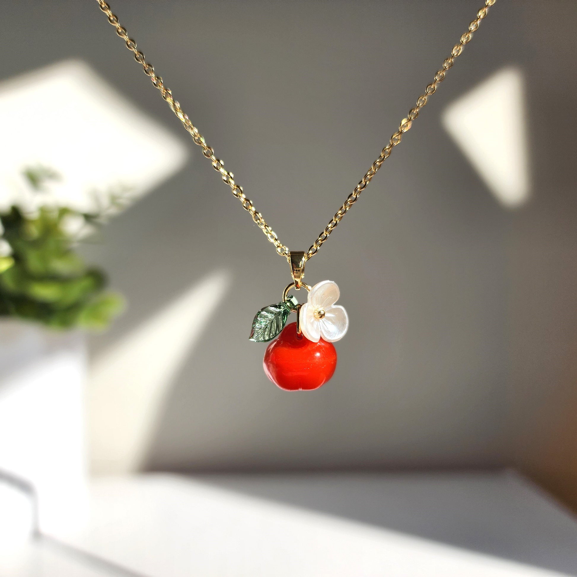 Apple necklace, Glass apple fruit necklace, Food necklace