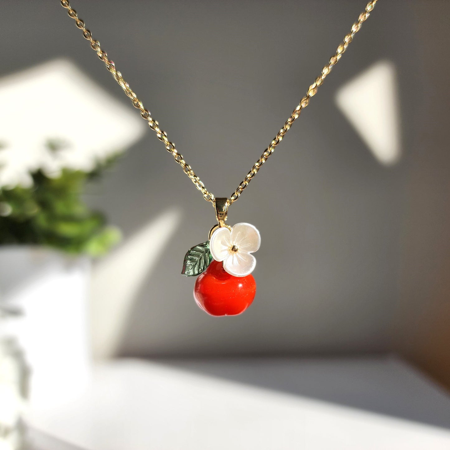 Apple necklace, Glass apple fruit necklace, Food necklace
