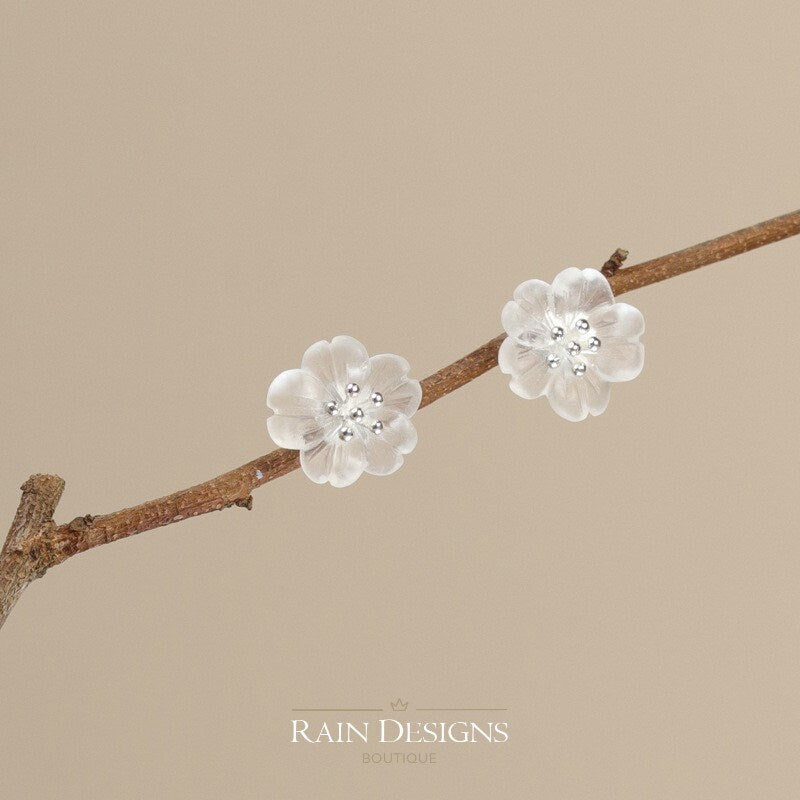 Flower in the rain S925 silver 18K stud earrings, Handmade crystal rain flower stud earrings, Gift for her