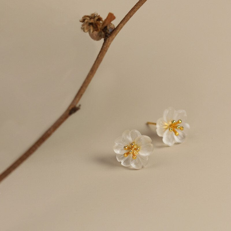 Flower in the rain S925 silver 18K stud earrings, Handmade crystal rain flower stud earrings, Gift for her