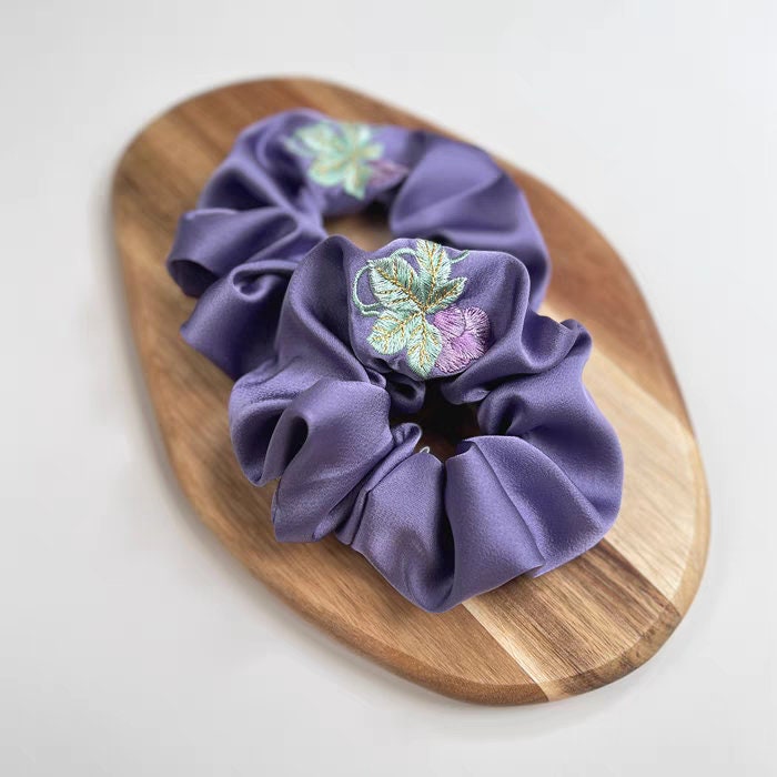 Grape embroidery scrunchies, Fruit grape scrunchie, Hair tie, Gift for her