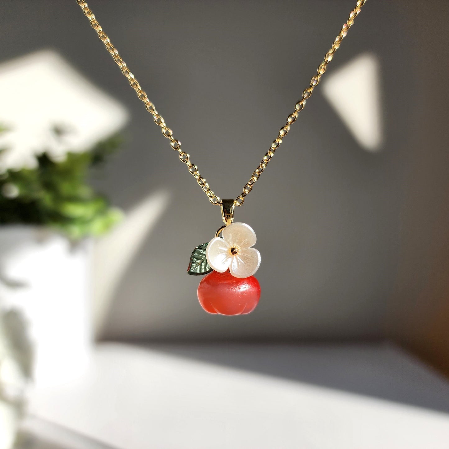 Apple necklace, Glass apple fruit necklace, Food necklace
