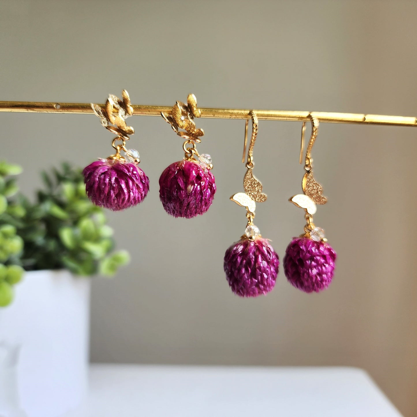 Thousand Day Red flower earrings, Botanical earrings, Real globe Amaranth flower earrings, gift for her
