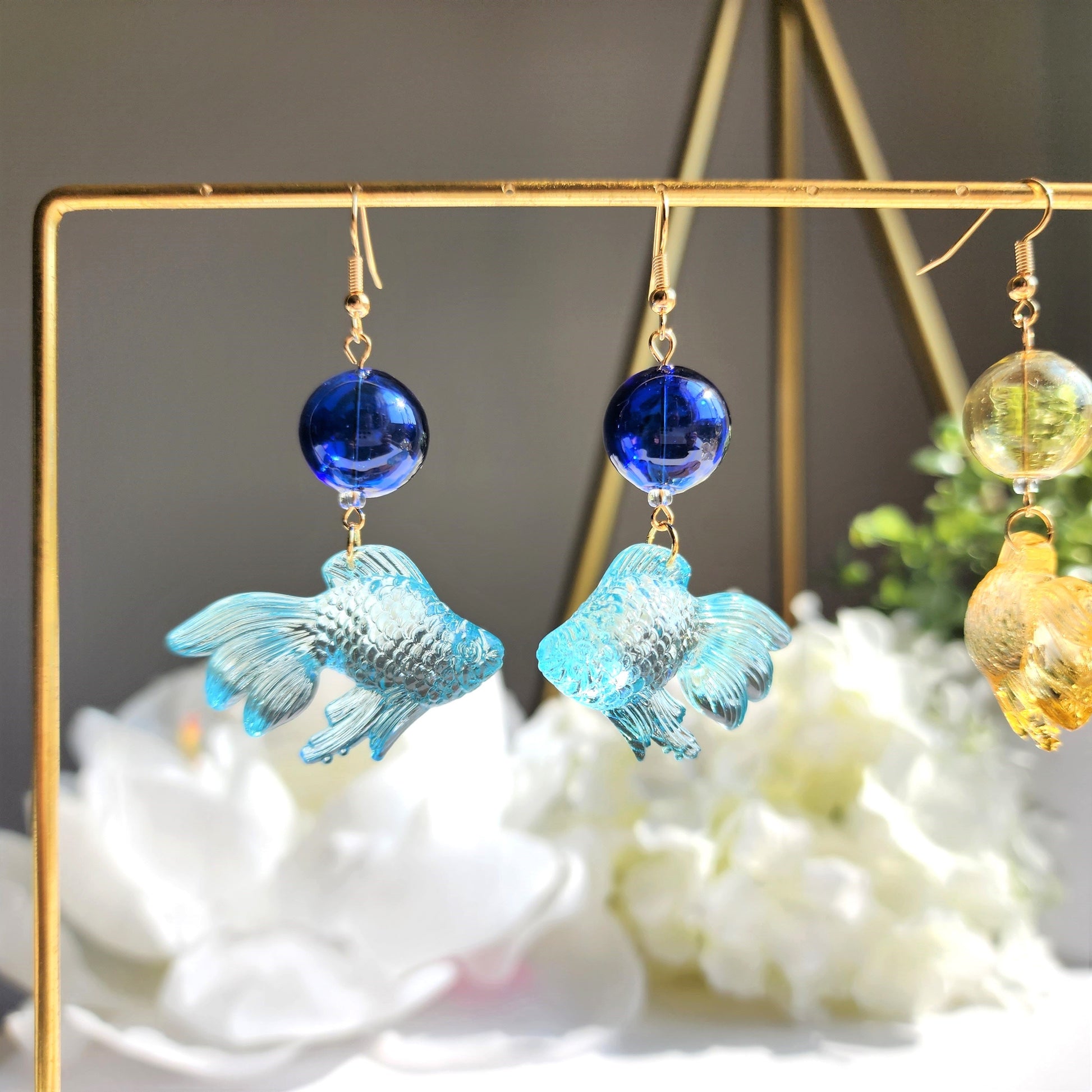 Transparent goldfish earrings, Colorful goldfish dangle earrings, Fun animal earrings, gift for her