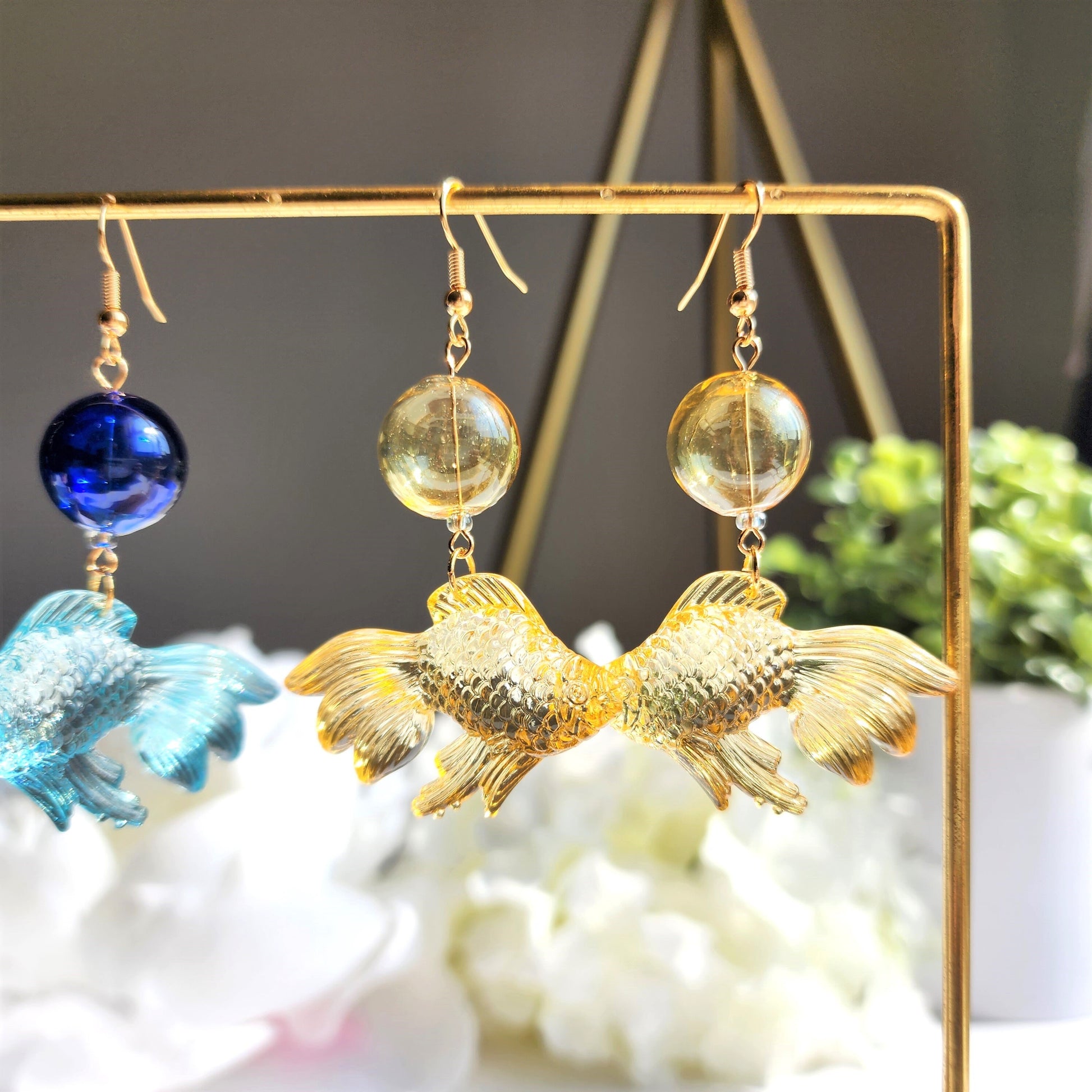 Transparent goldfish earrings, Colorful goldfish dangle earrings, Fun animal earrings, gift for her