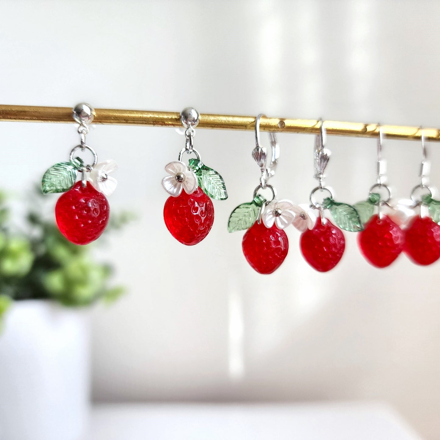 Mini Strawberry earrings, Glass Strawberry dangle earrings, Fruit earrings, Food earrings, Gift for her